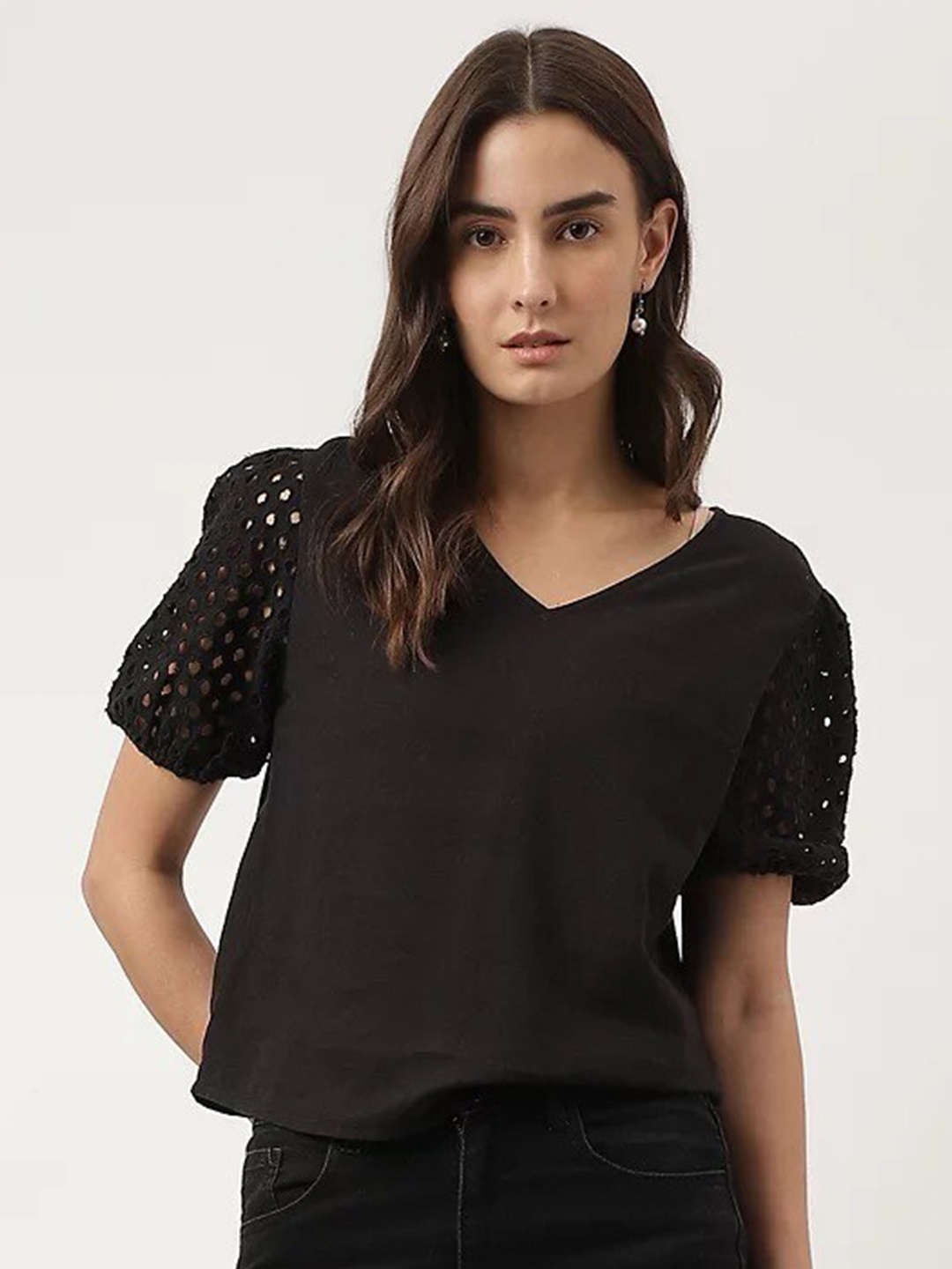 

Marks & Spencer Puff Sleeves V-Neck Linen Top, Black