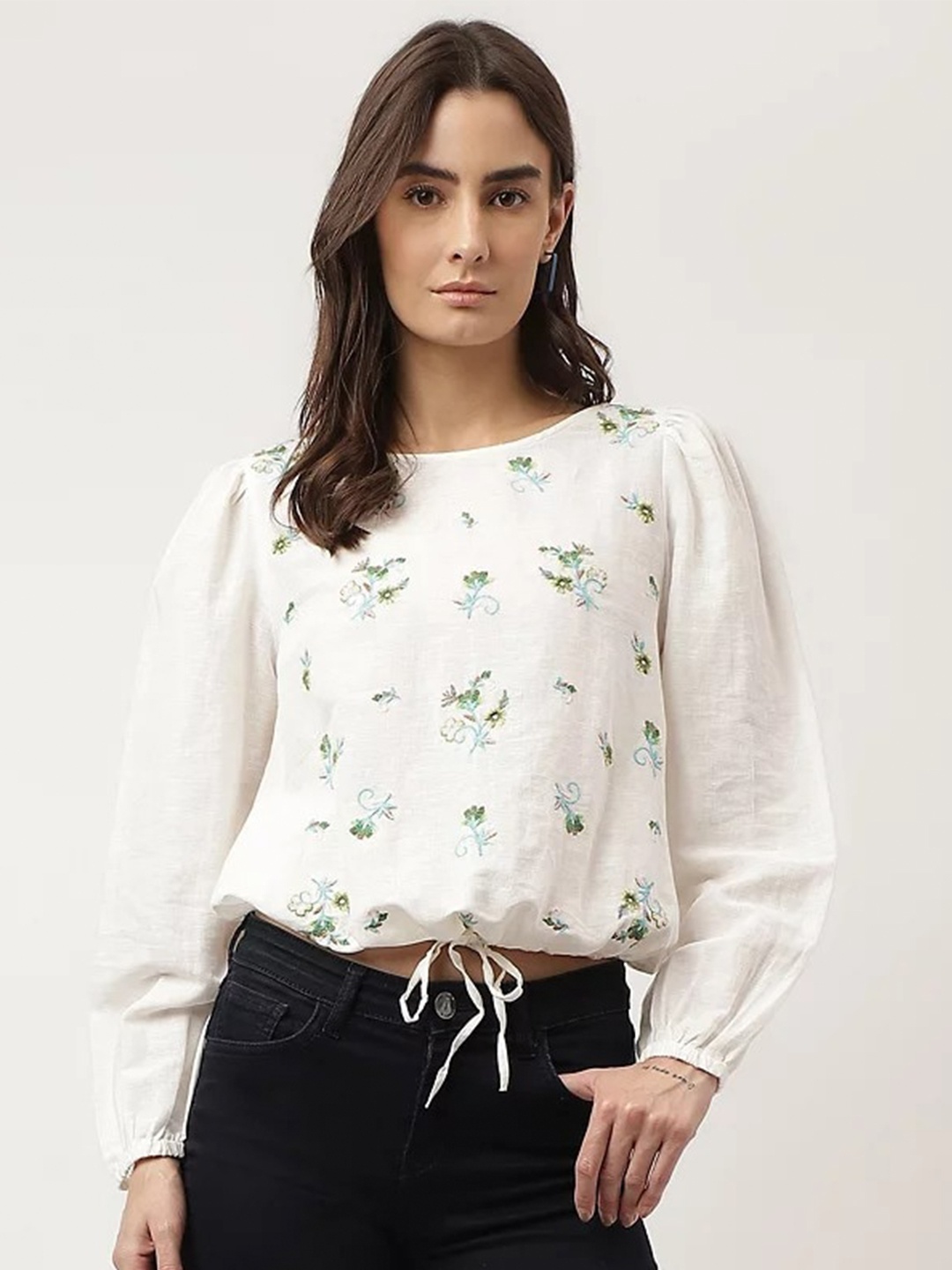 

Marks & Spencer Floral Printed Boat Neck Tie-Up Detail Puff Sleeves Top, White