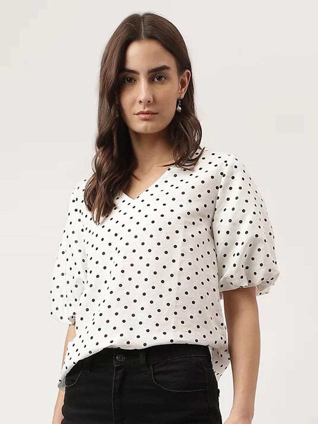 

Marks & Spencer Polka Dots Printed V-Neck Puff Sleeves Top, White