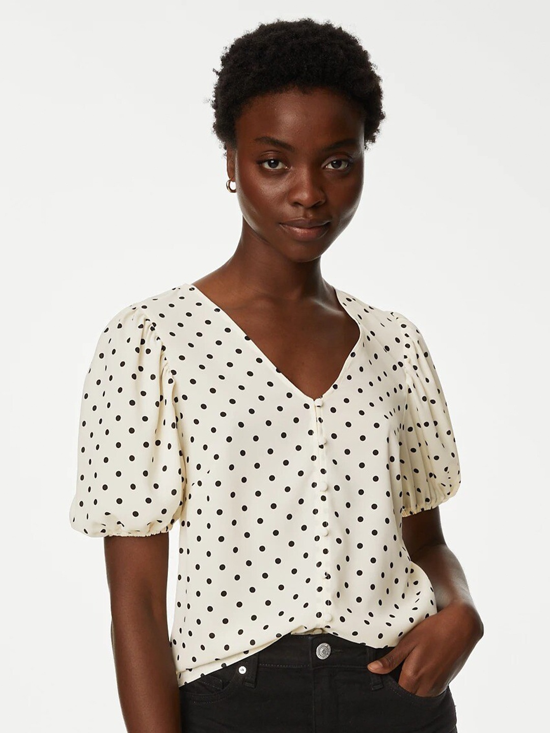 

Marks & Spencer Polka Dot Printed Puff Sleeves V-Neck Top, Off white