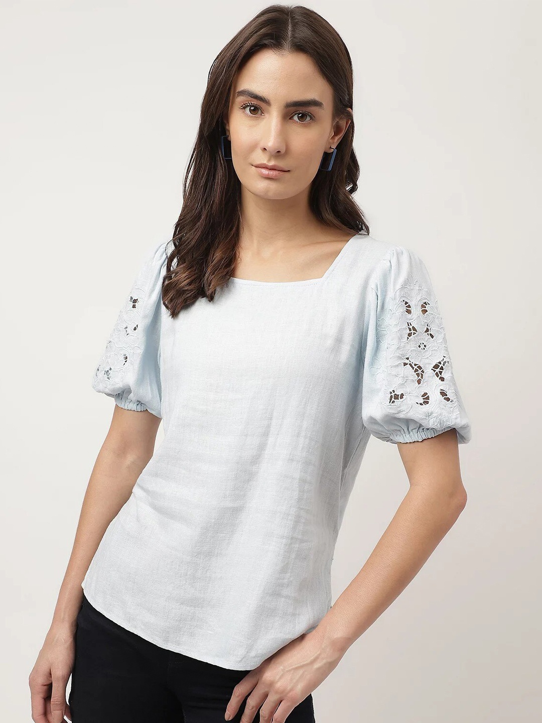 

Marks & Spencer Cut-Out Detail Square Neck Puff Sleeves Top, Blue