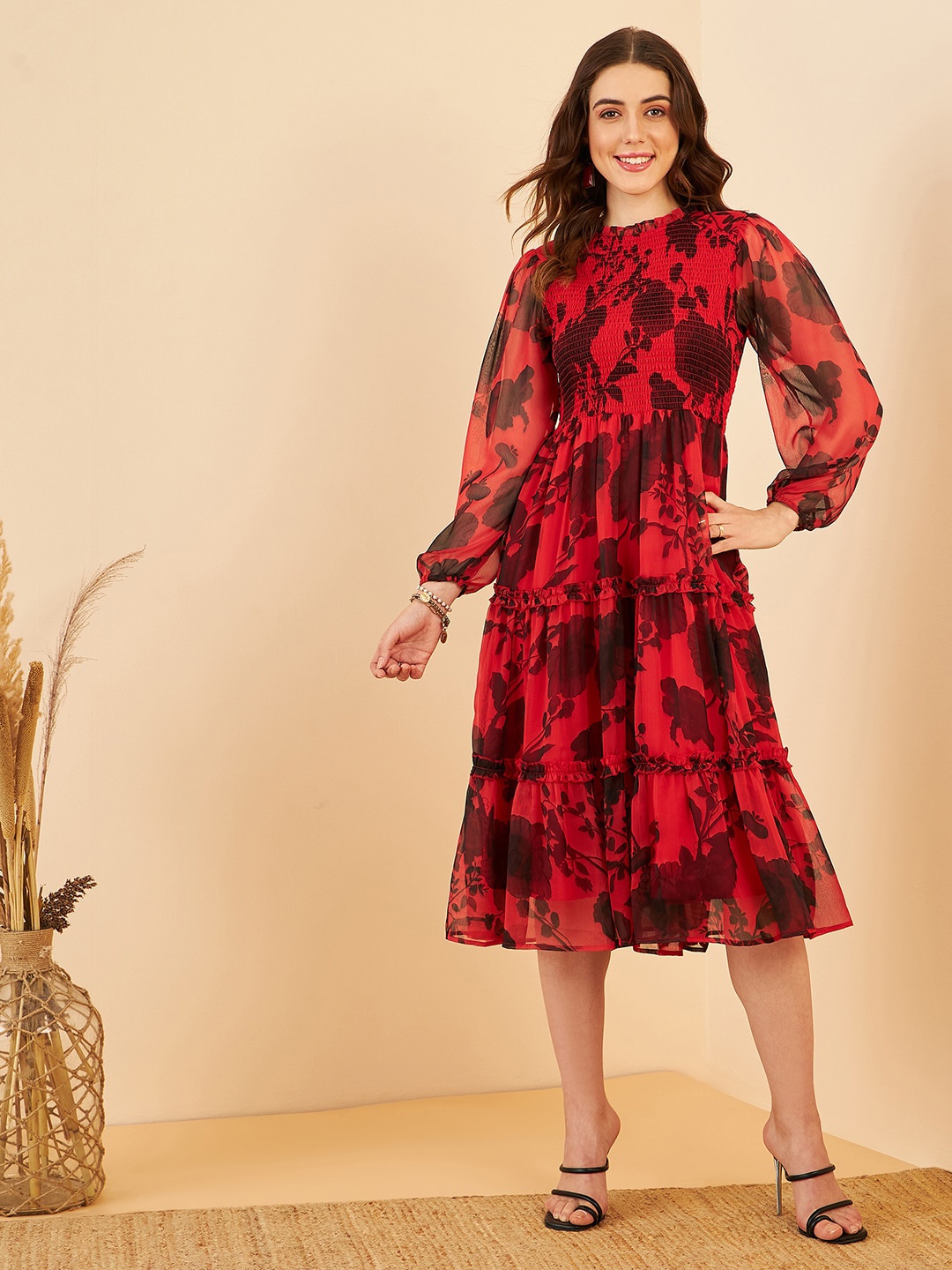 

RARE Red Floral Print Puff Sleeve Chiffon Fit & Flare Midi Dress