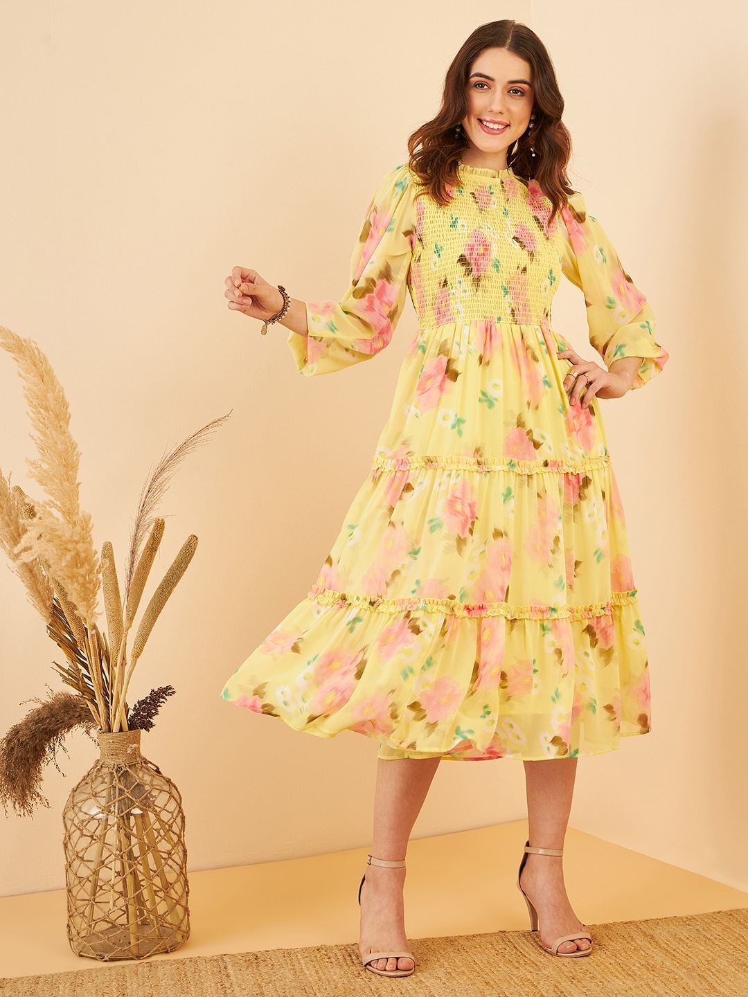 

RARE Yellow Floral Print Bell Sleeve Georgette Fit & Flare Midi Dress