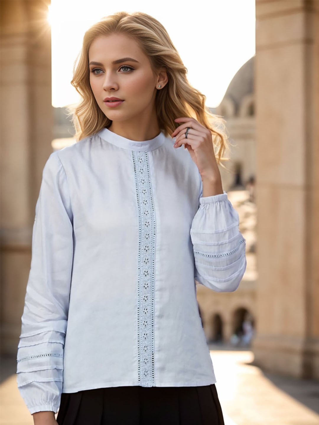 

Carlton London High Neck Cuffed Sleeves Lace Inserts Modal Regular Top, Blue