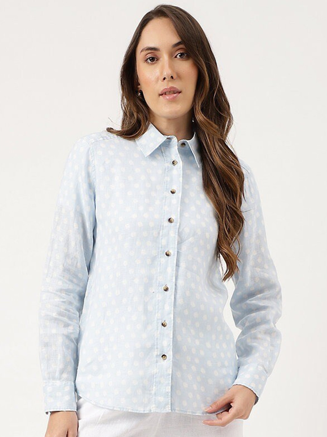 

Marks & Spencer Polka Dots Printed Linen Casual Shirt, Blue