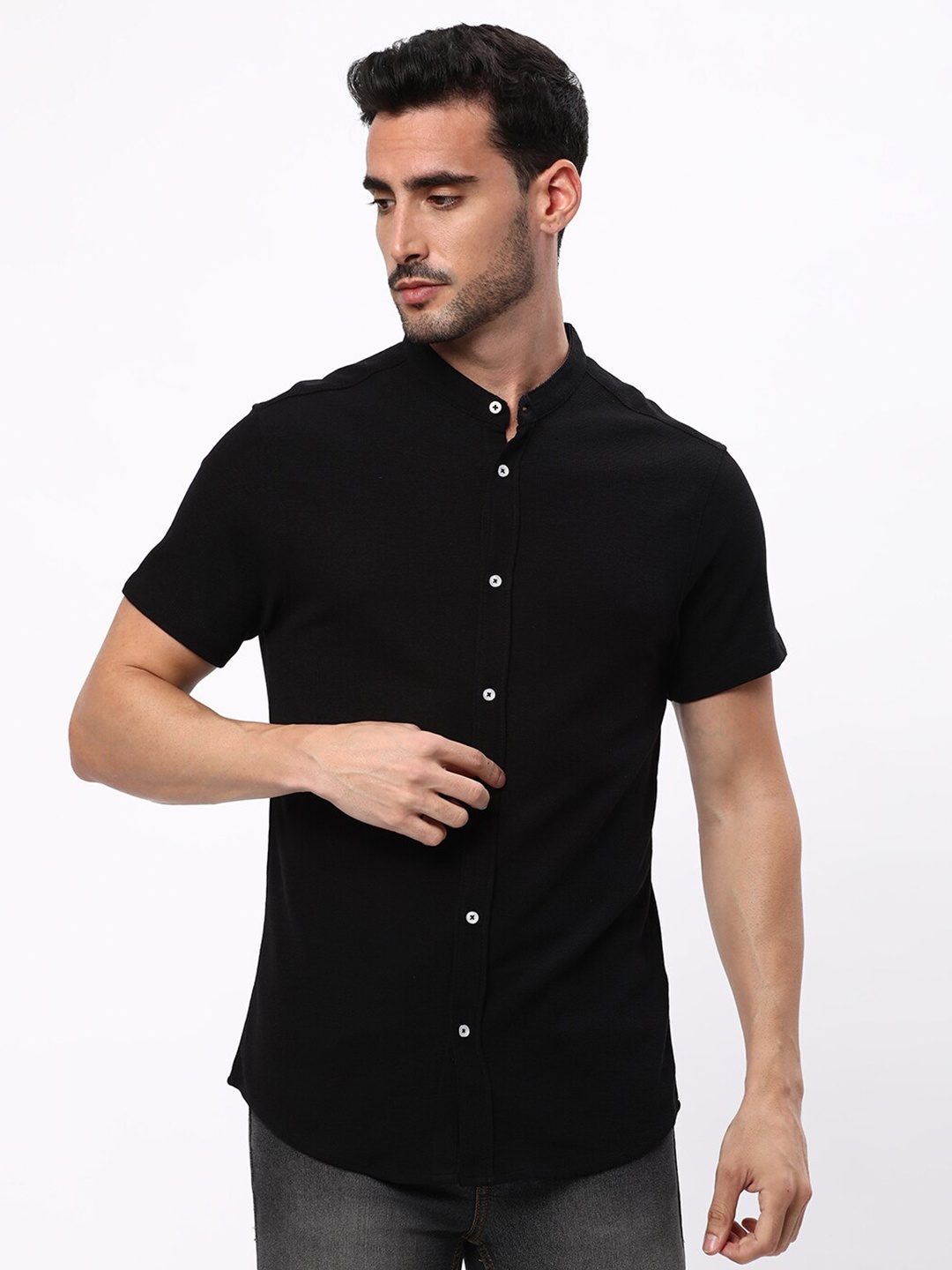 

R&B Band Collar Cotton Casual Shirt, Black