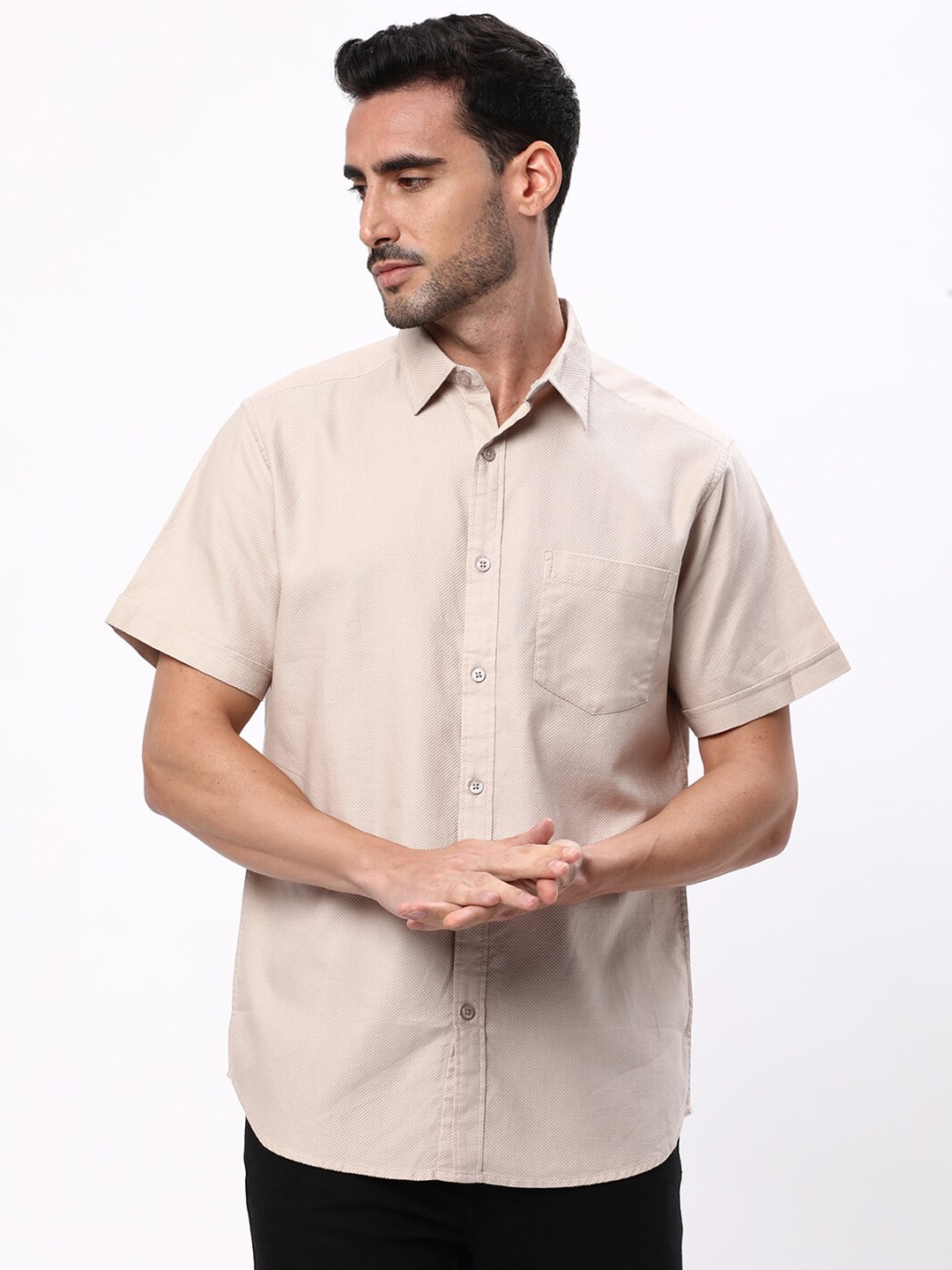 

R&B Spread Collar Cotton Casual Shirt, Beige