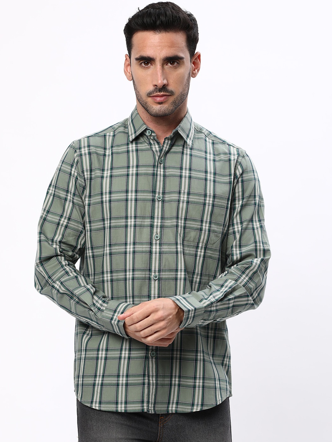 

R&B Tartan Checked Cotton Casual Shirt, Green