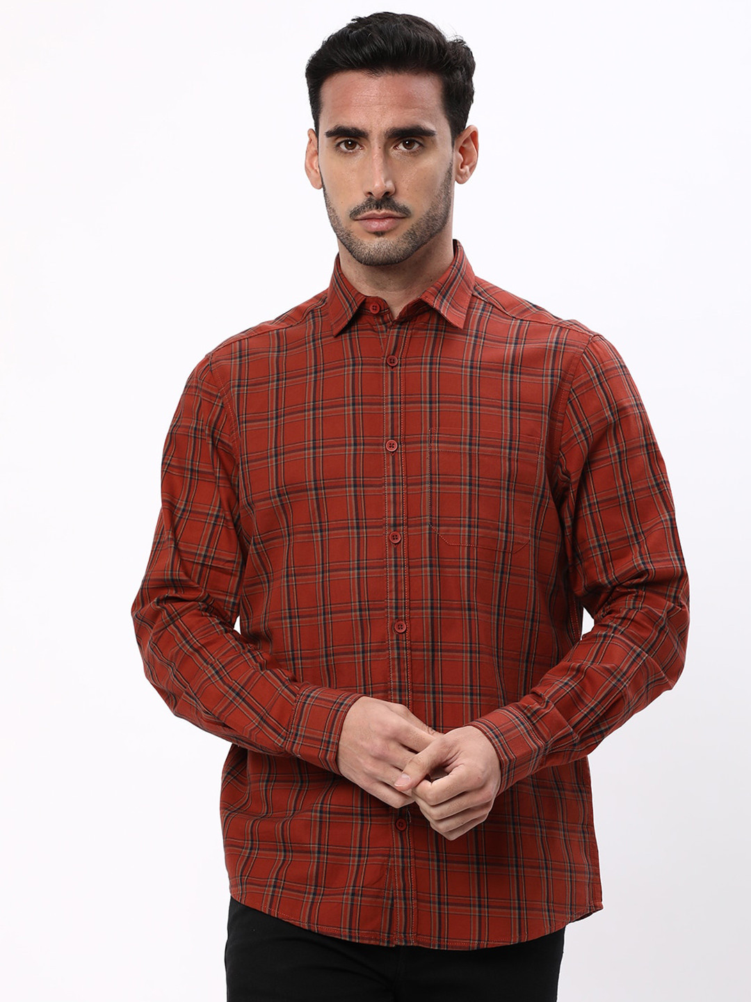 

R&B Tartan Checked Cotton Casual Shirt, Brown