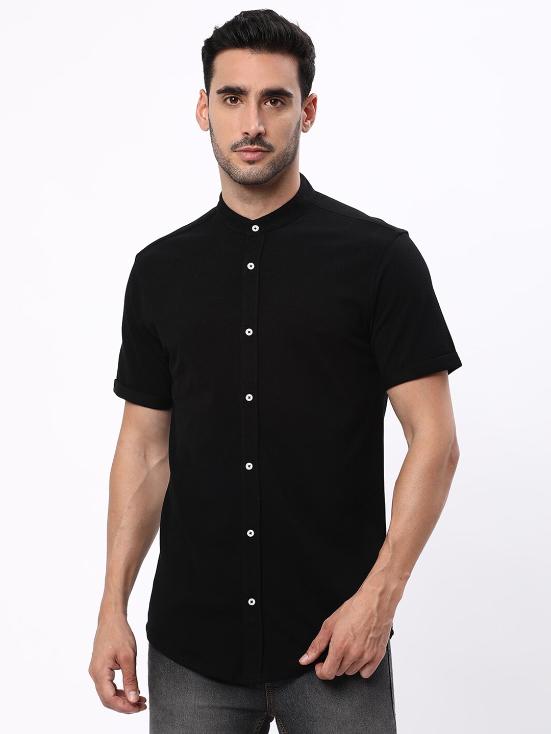 

R&B Mandarin Collar Cotton Casual Shirt, Black