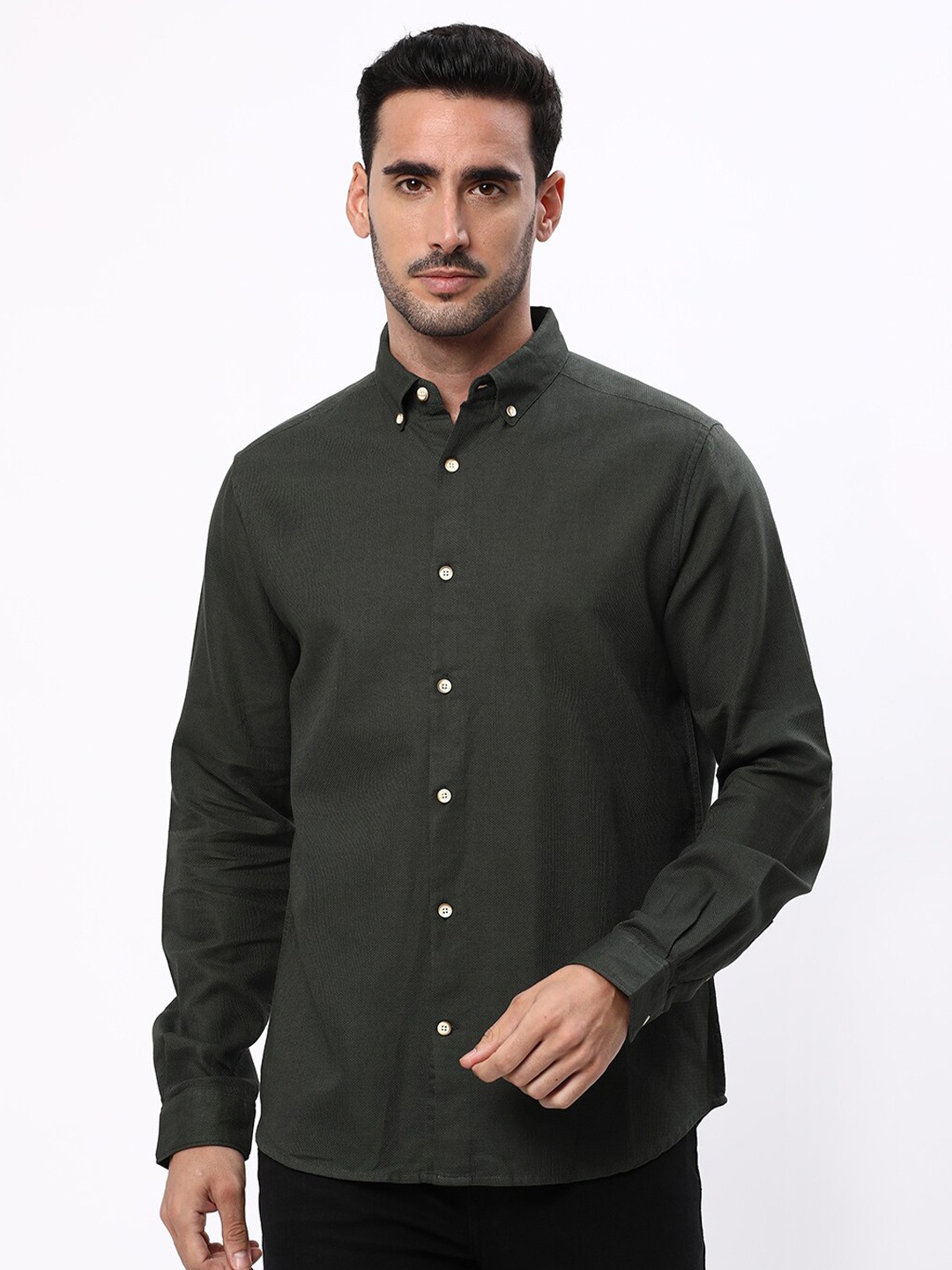 

R&B Cotton Button-Down Collar Opaque Casual Shirt, Green