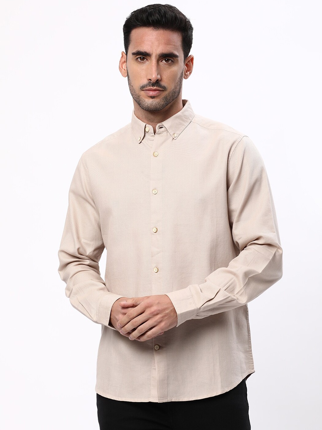 

R&B Button-Down Collar Cotton Casual Shirt, Beige