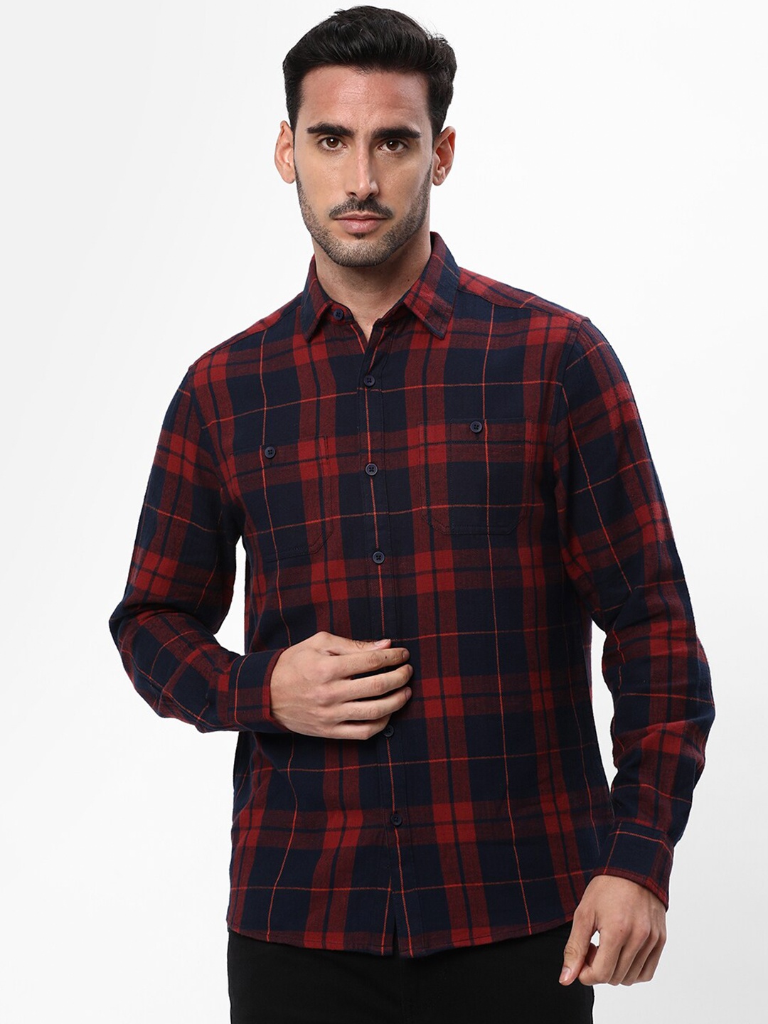 

R&B Tartan Checked Cotton Casual Shirt, Red