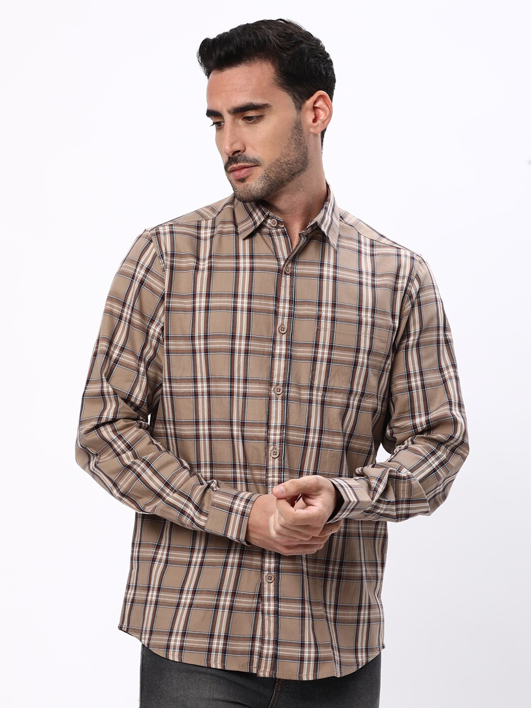 

R&B Tartan Checks Opaque Casual Shirt, Brown