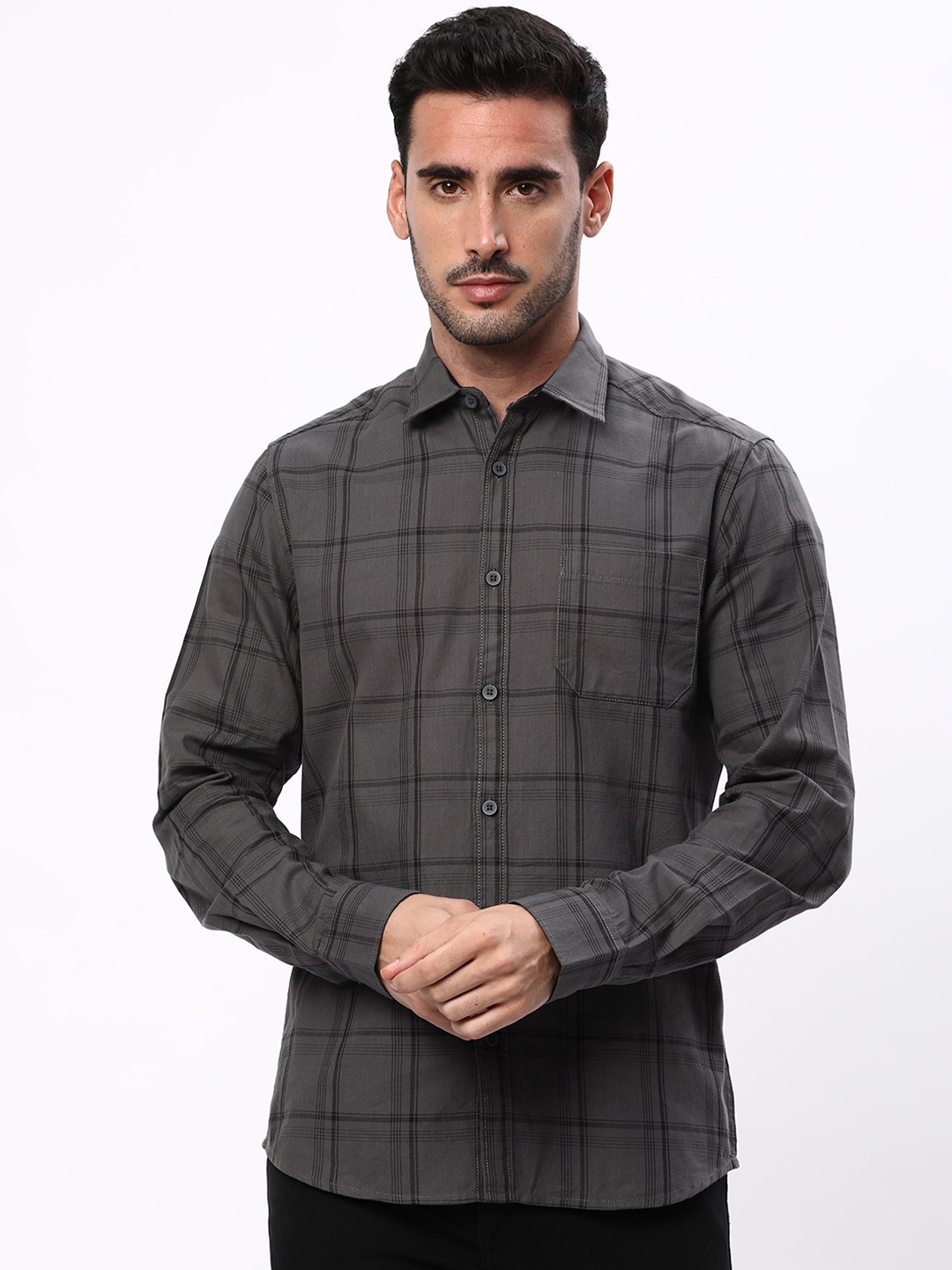 

R&B Windowpane Checked Cotton Casual Shirt, Grey