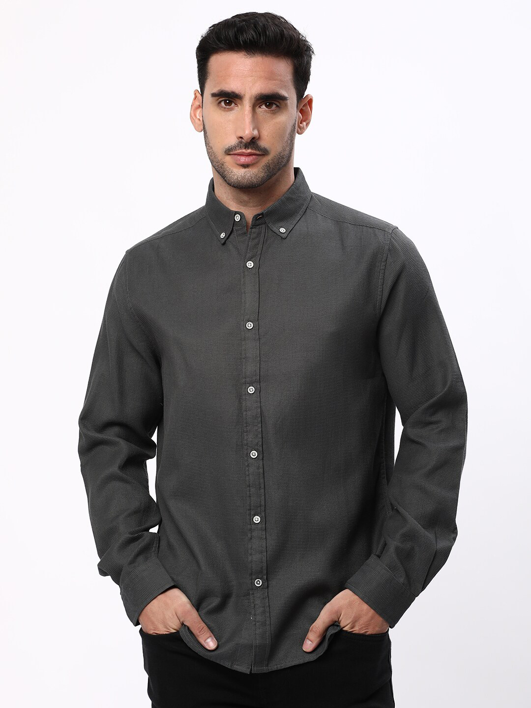

R&B Cotton Button-Down Collar Opaque Casual Shirt, Green