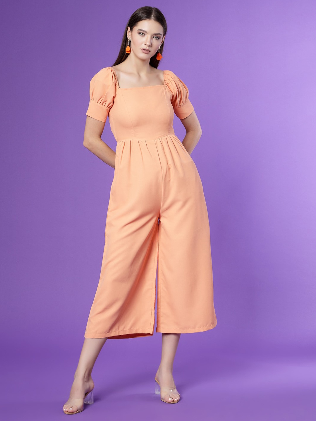 

Kook N Keech Peach Puff Sleeves Gathered Culotte Jumpsuit