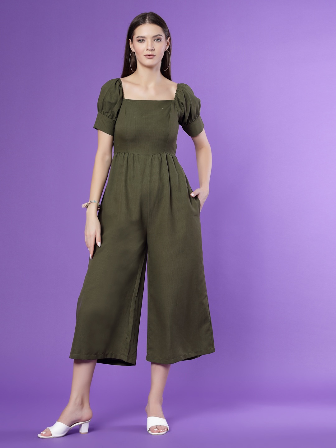 

Kook N Keech Olive Green Puff Sleeves Gathered Culotte Jumpsuit