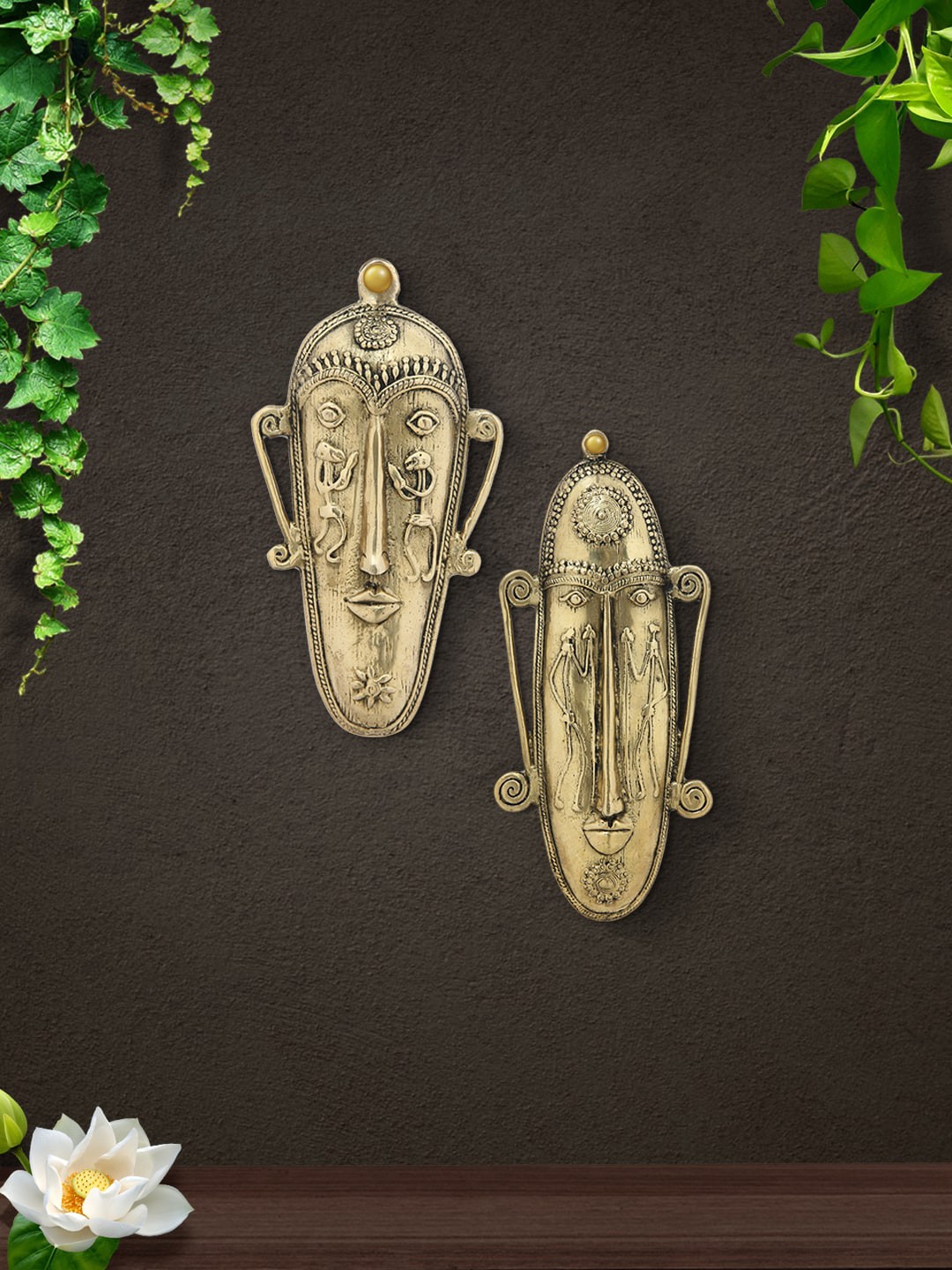 

Imli Street Gold toned 2 Pieces Tribal Mask Wall Hanging Plates