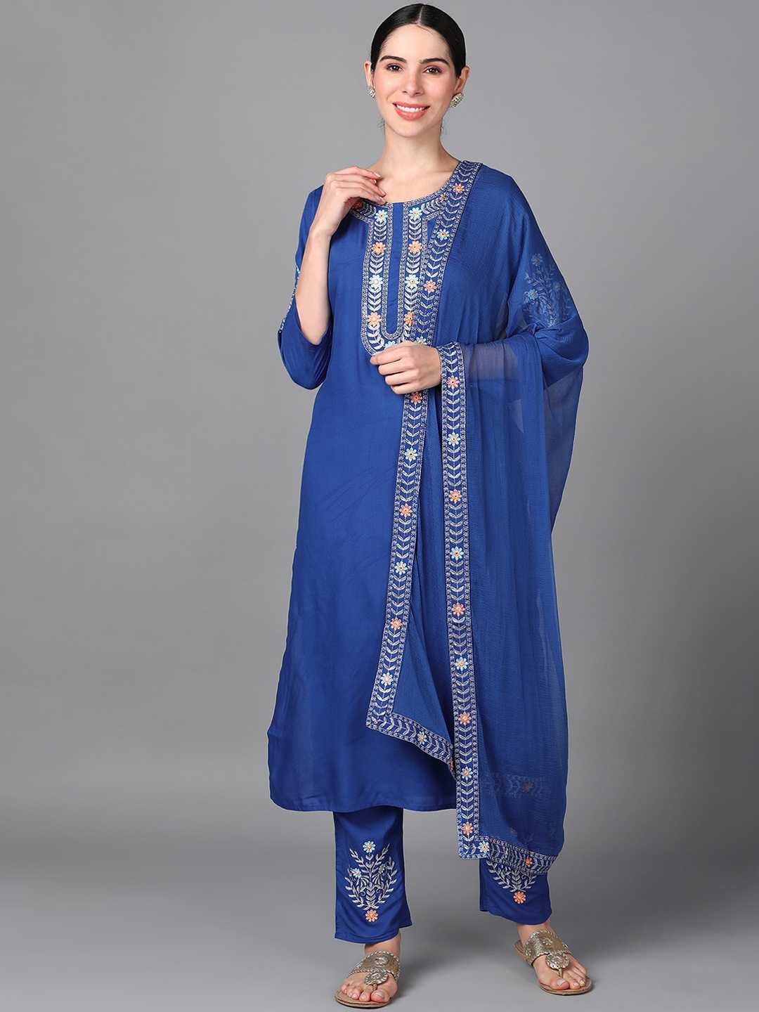 

AAYUMI Floral Yoke Design Mirror Work Straight Kurta With Trousers & Dupatta, Blue