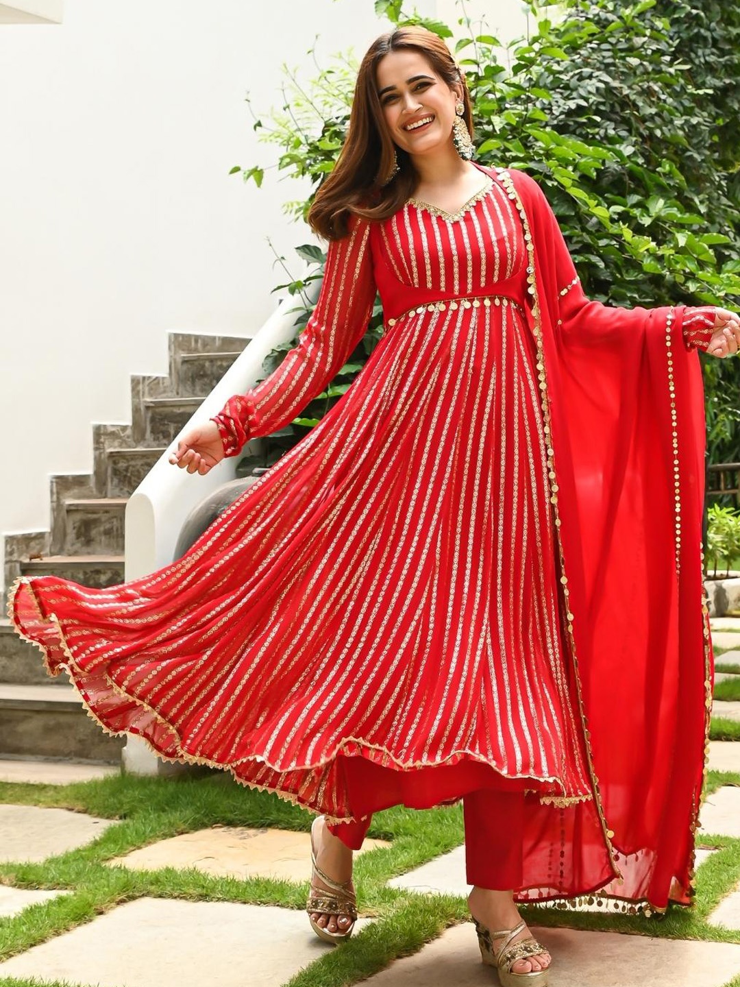 

Urbanstree Striped Sequinned Anarkali Kurta with Trousers & With Dupatta, Red