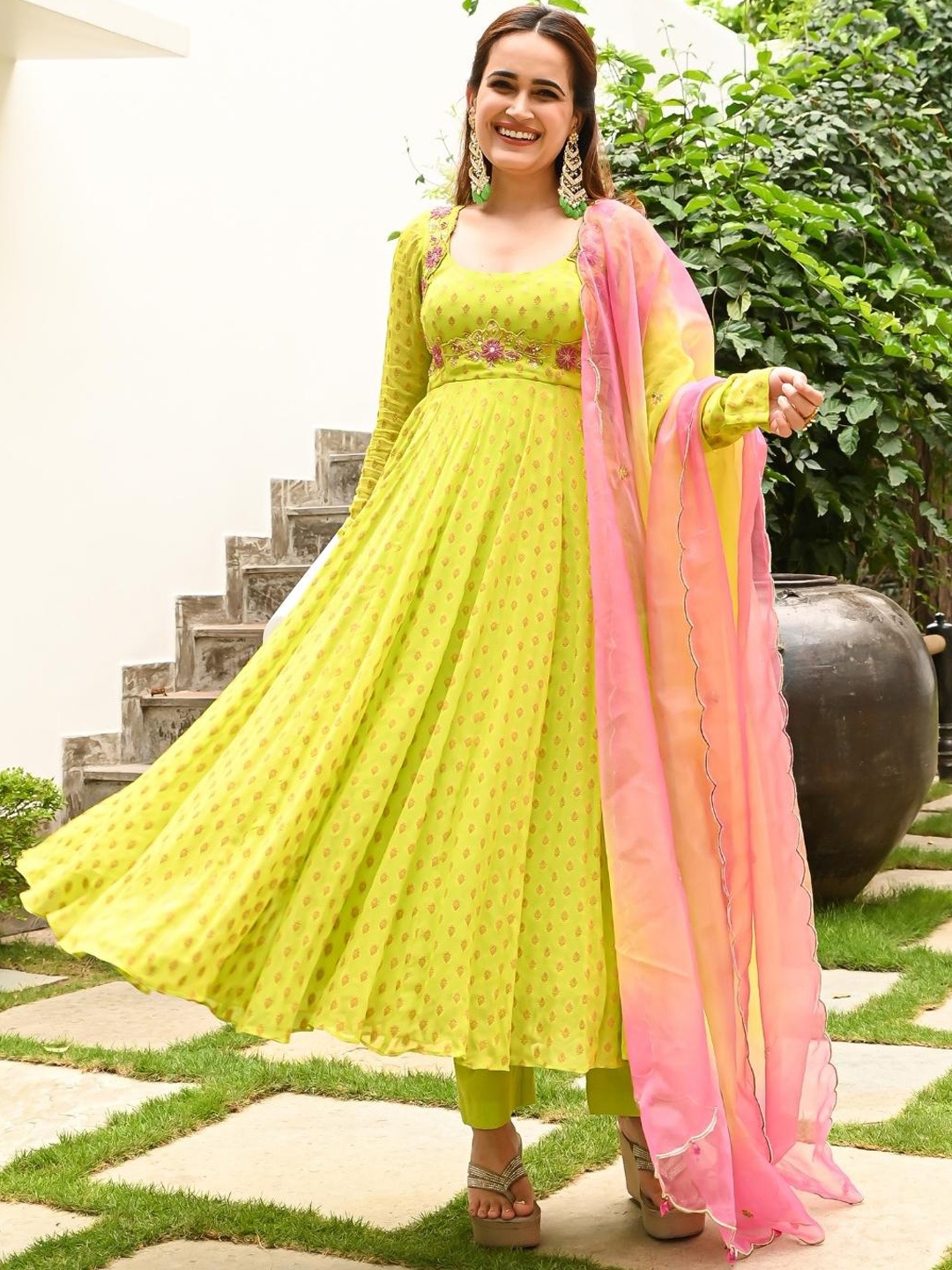 

Urbanstree Ethnic Motif Woven Design Empire Anarkali Kurta & Trousers With Dupatta, Lime green