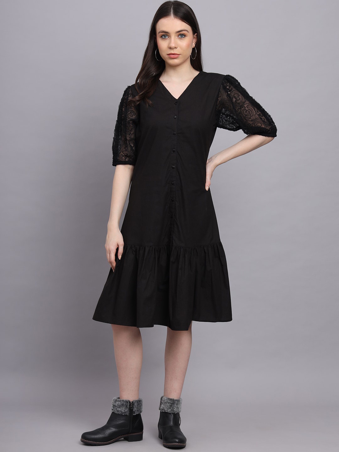 

Rediscover Fashion Black Puff Sleeve A-Line Midi Dress