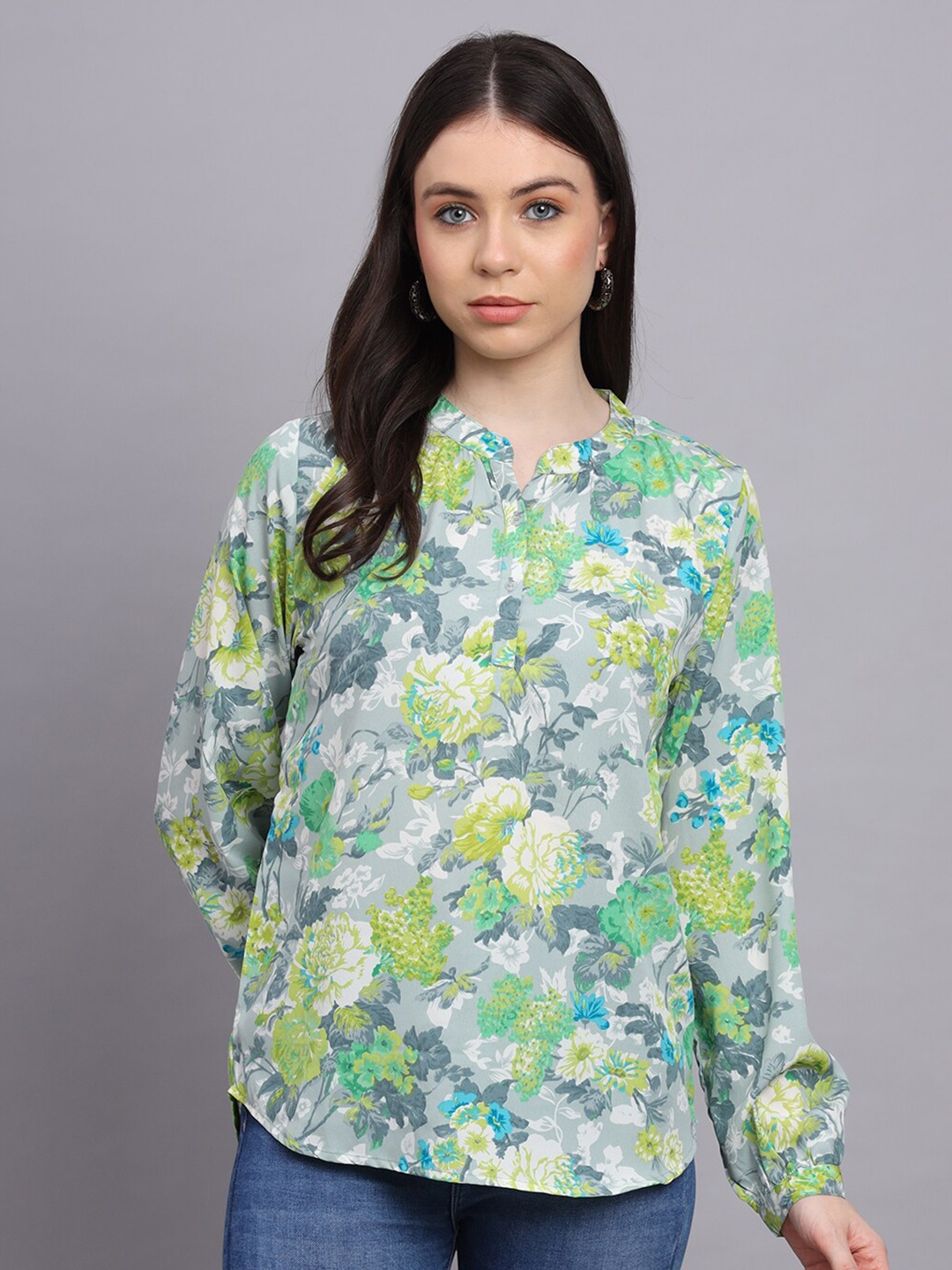 

Rediscover Fashion Floral Print Mandarin Collar Crepe Top, Green