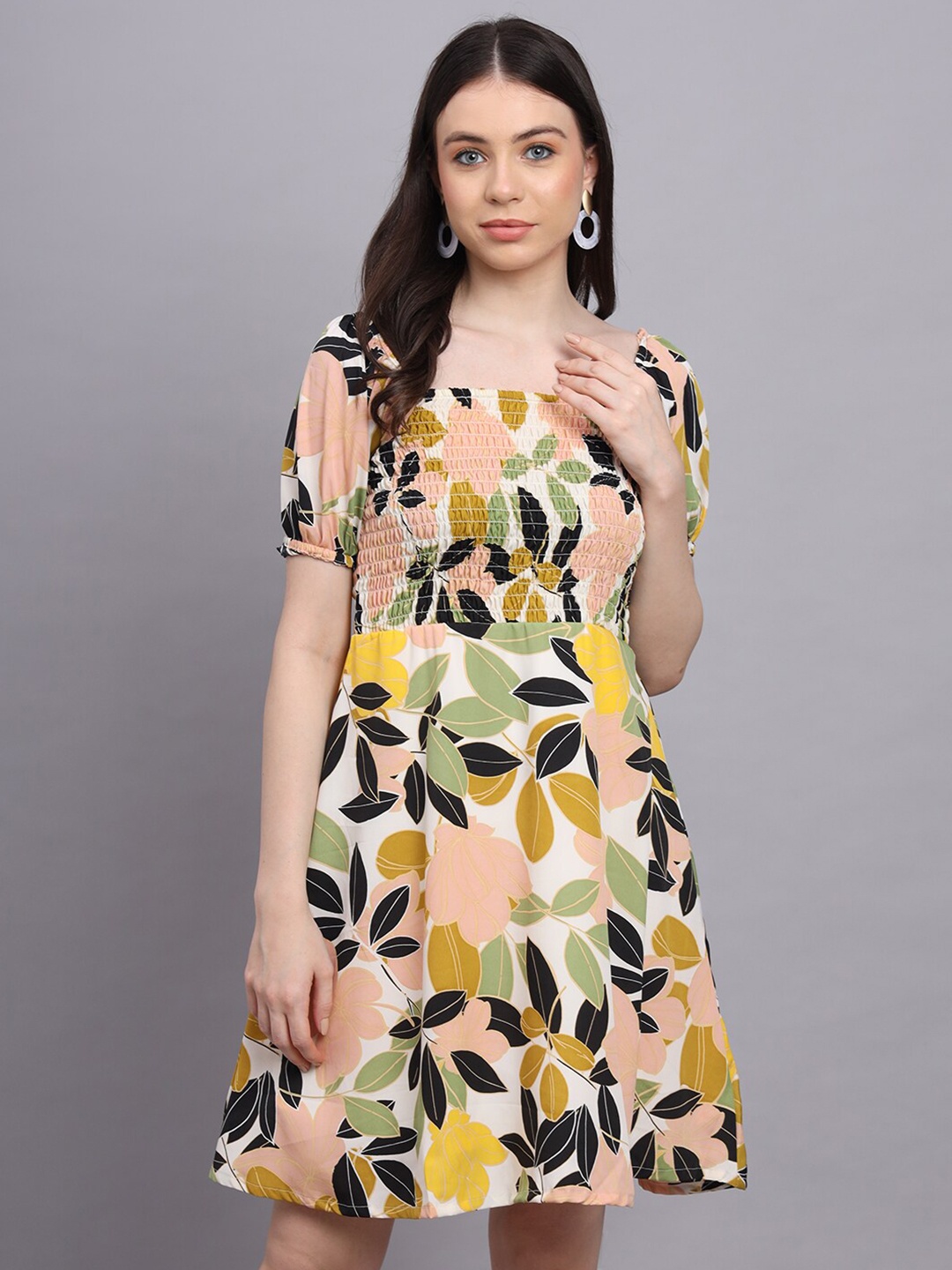 

Rediscover Fashion Cream-Coloured Floral Print Puff Sleeve Crepe Fit & Flare Dress