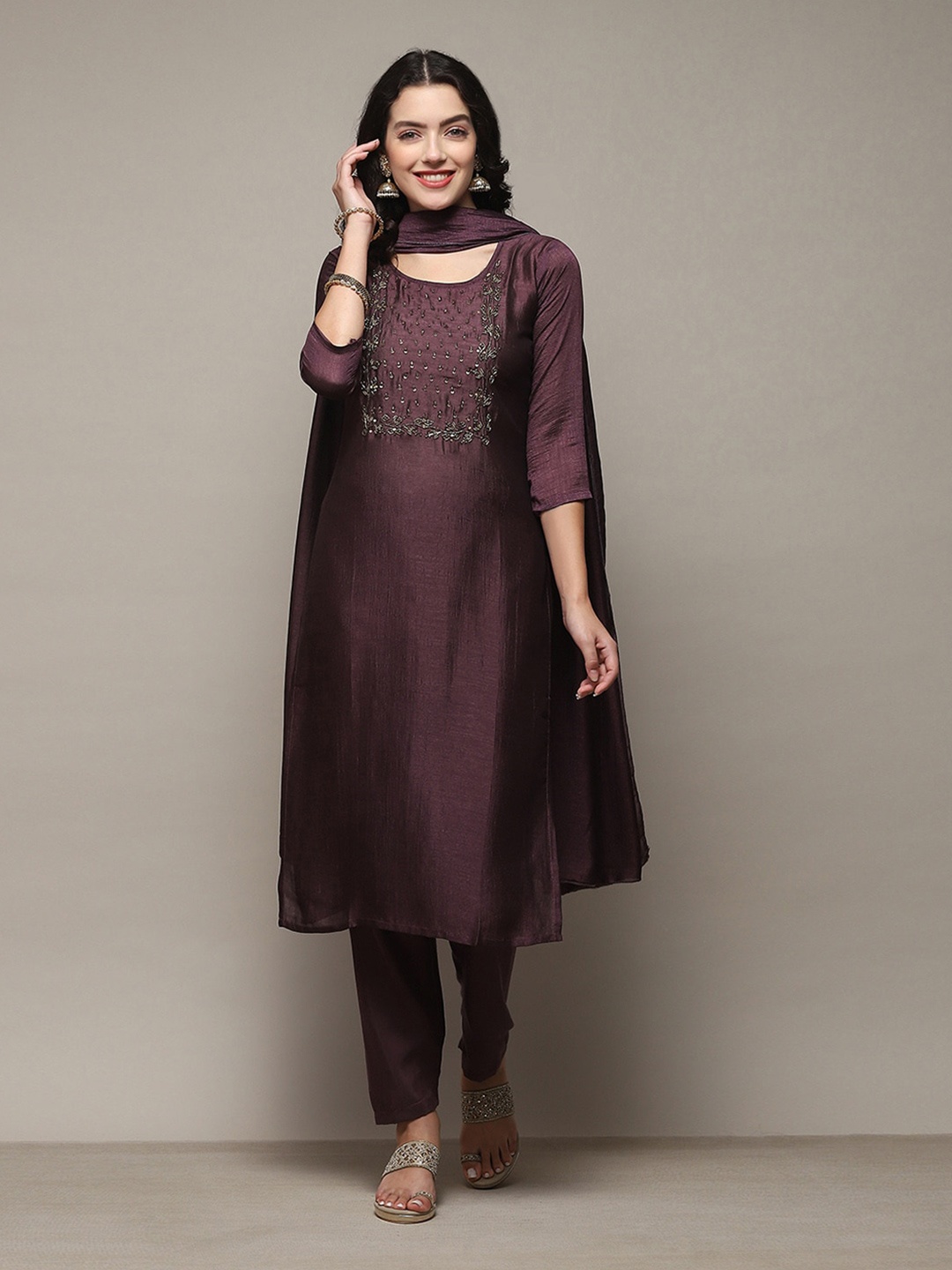 

Biba Floral Yoke Design Beads and Stones Unstitched Dress Material, Violet