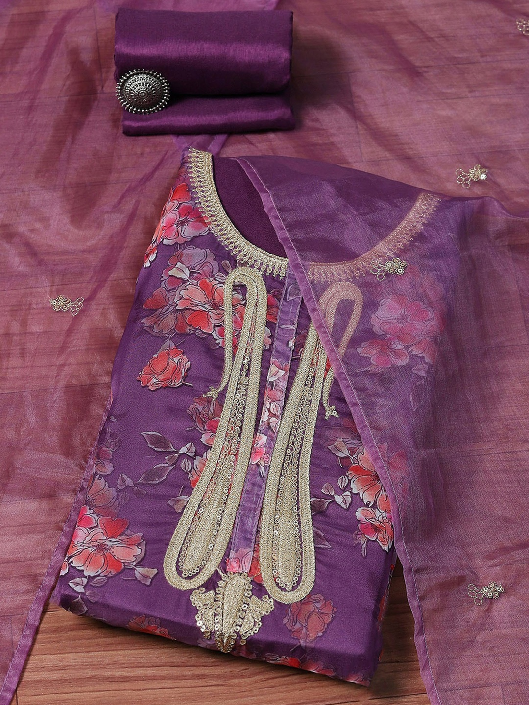 

Biba Floral Printed Gotta Patti Organza Unstitched Dress Material, Purple
