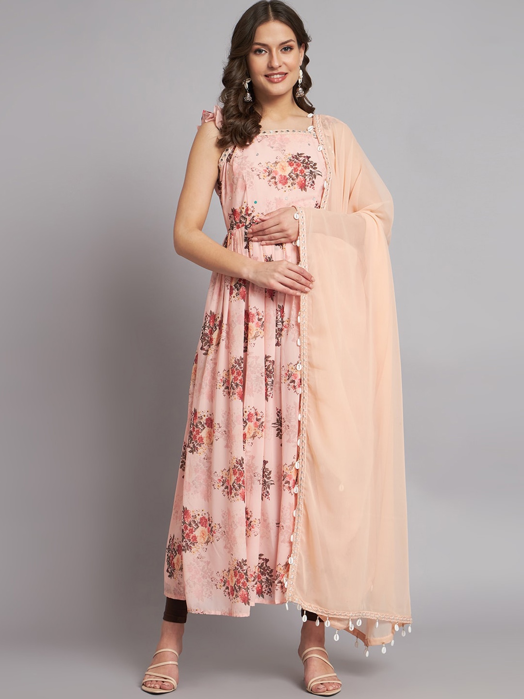 

KALINI Floral Printed Mirror Work Pure Georgette Pleated Anarkali Kurta With Dupatta, Beige