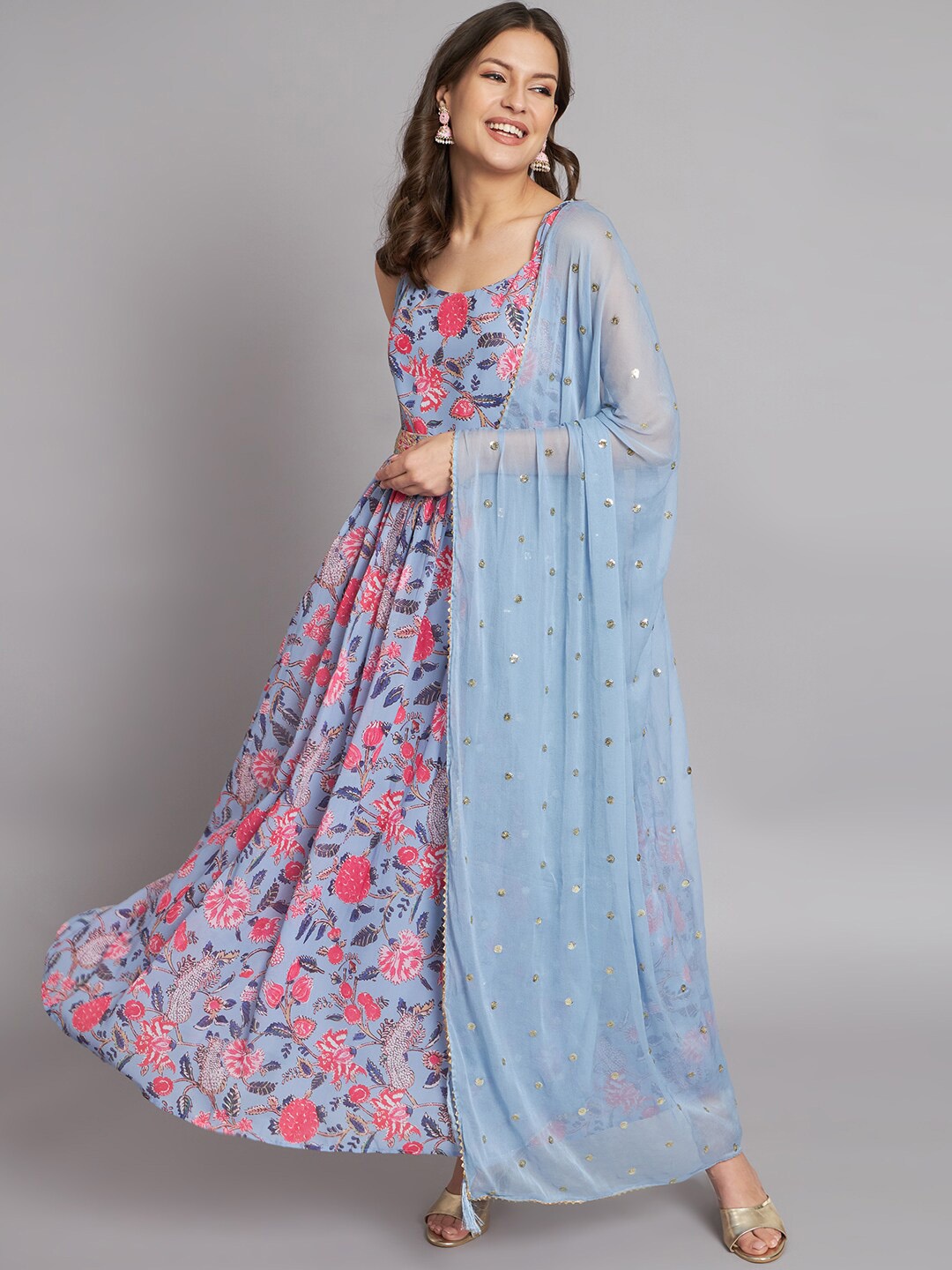 

KALINI Georgette Floral Printed Flared Gown Dress With Dupatta Set, Blue