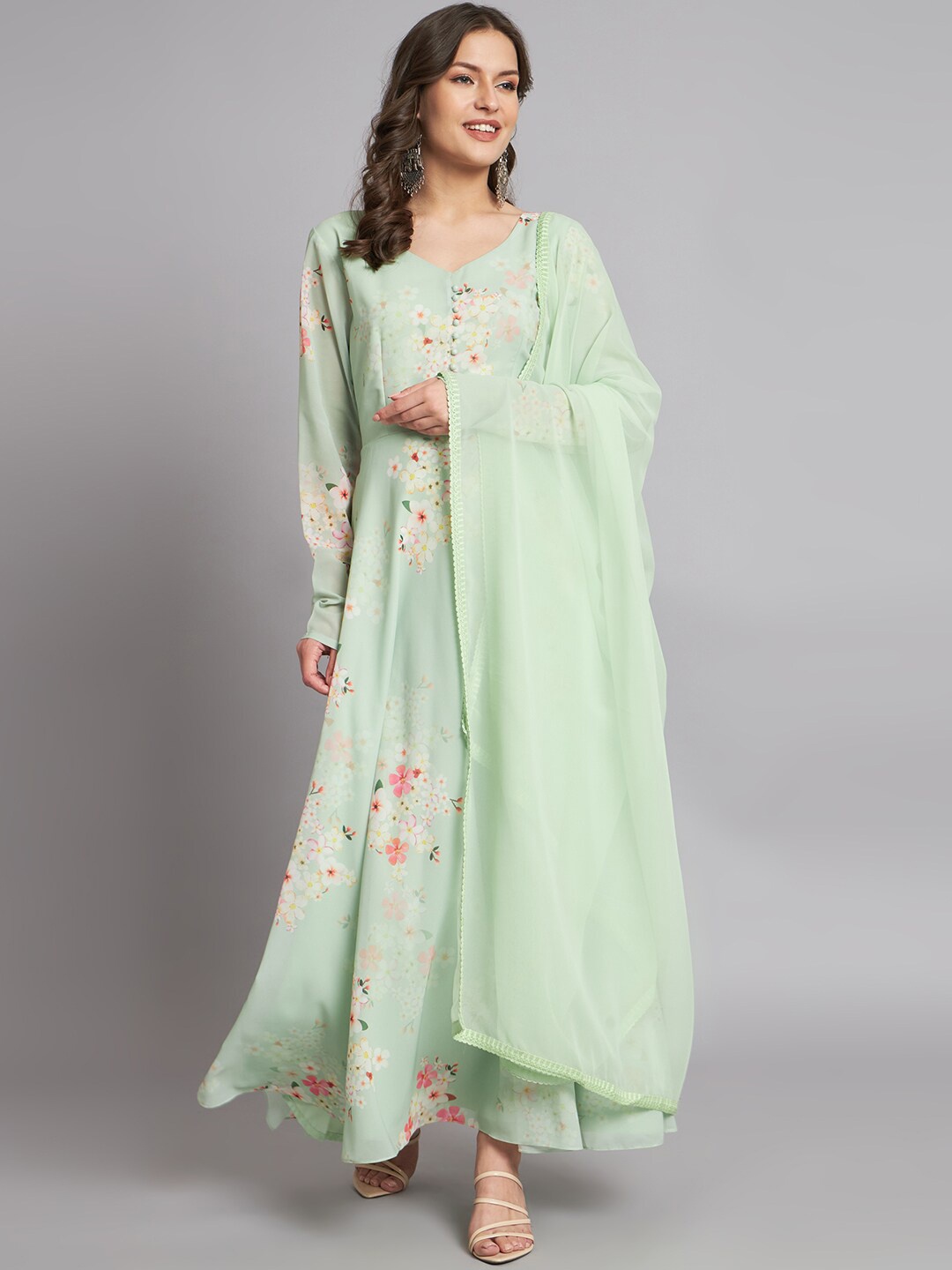 

KALINI Floral Printed Fit & Flared Georgette Ethnic Dress With Dupatta, Green