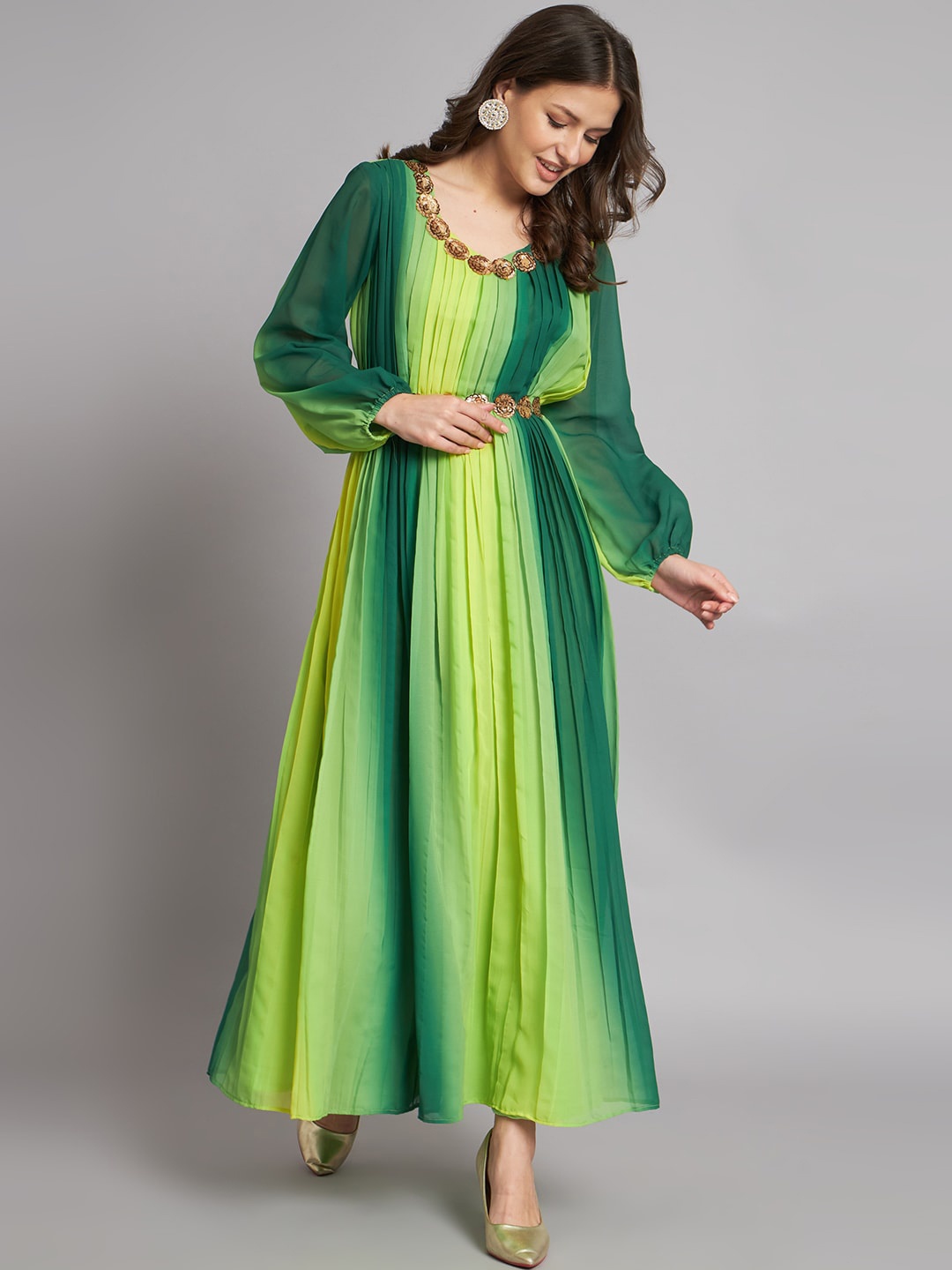 

KALINI Colourblocked Fit & Flared Pleated Ethnic Maxi Dress, Green