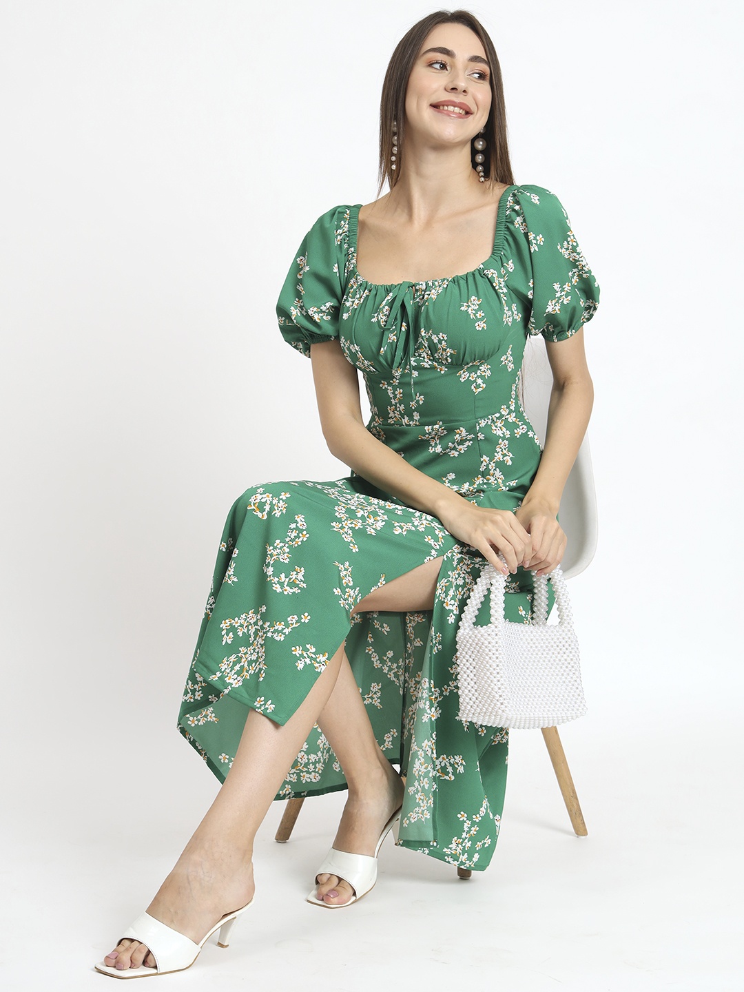 

ANVI Be Yourself Floral Printed Puff Sleeves Smocked Fit & Flare Midi Dress, Green