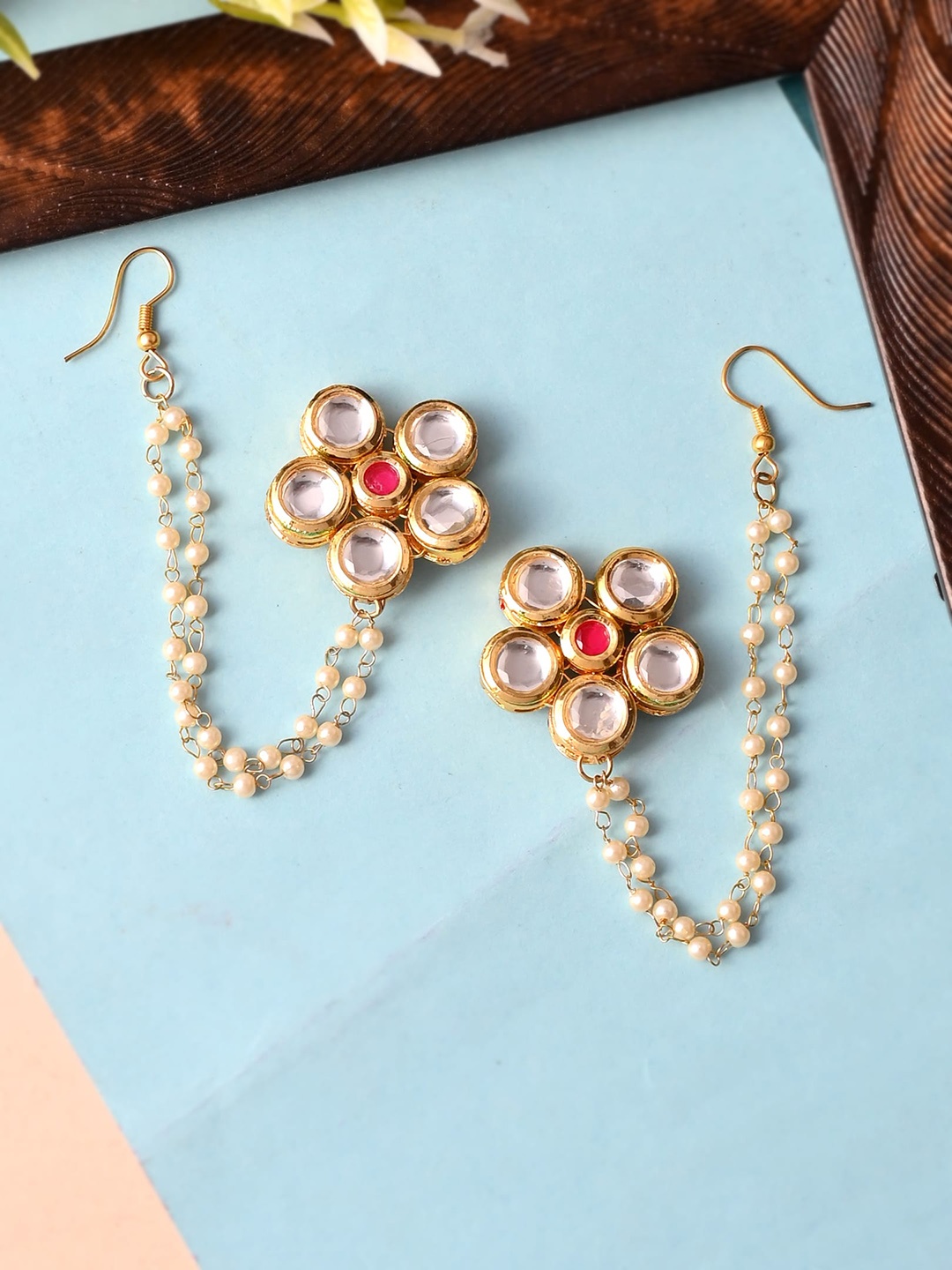 

Fabstreet Gold-Plated Kundan Studded Floral Studs Earrings With Earchain