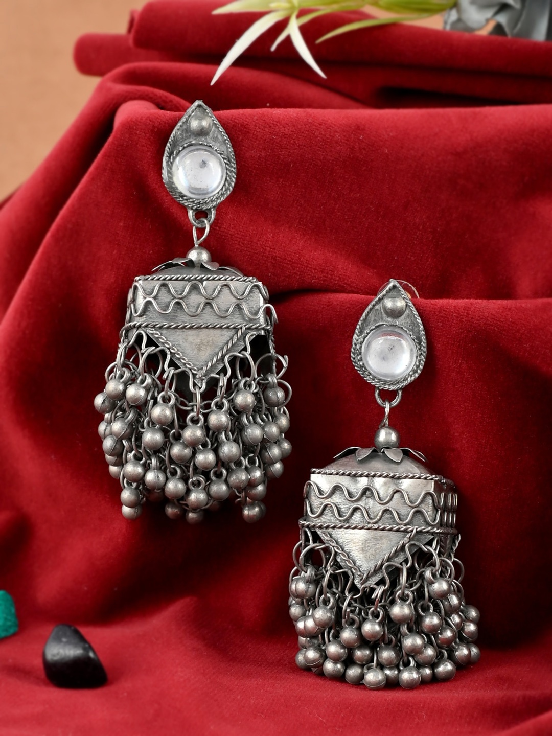 

Fabstreet Silver-Plated Stones Studded Beads Beaded Dome Shaped Jhumkas