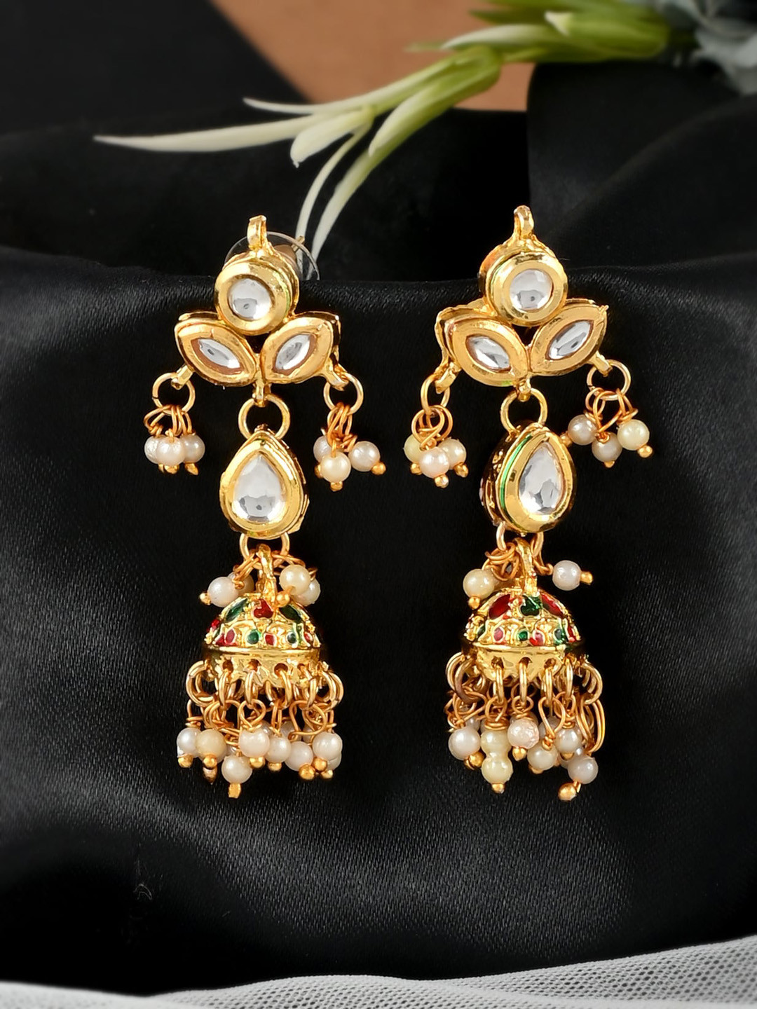 

Fabstreet Gold-Plated Kundan Studded Teardrop Shaped Jhumkas