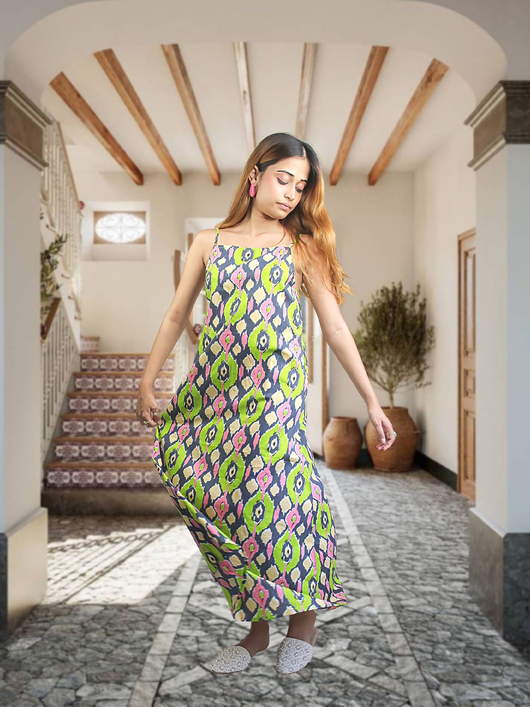 

Be Sunset Ibiza Abstract Printed Shoulder Straps Cotton Maxi Dress, Green