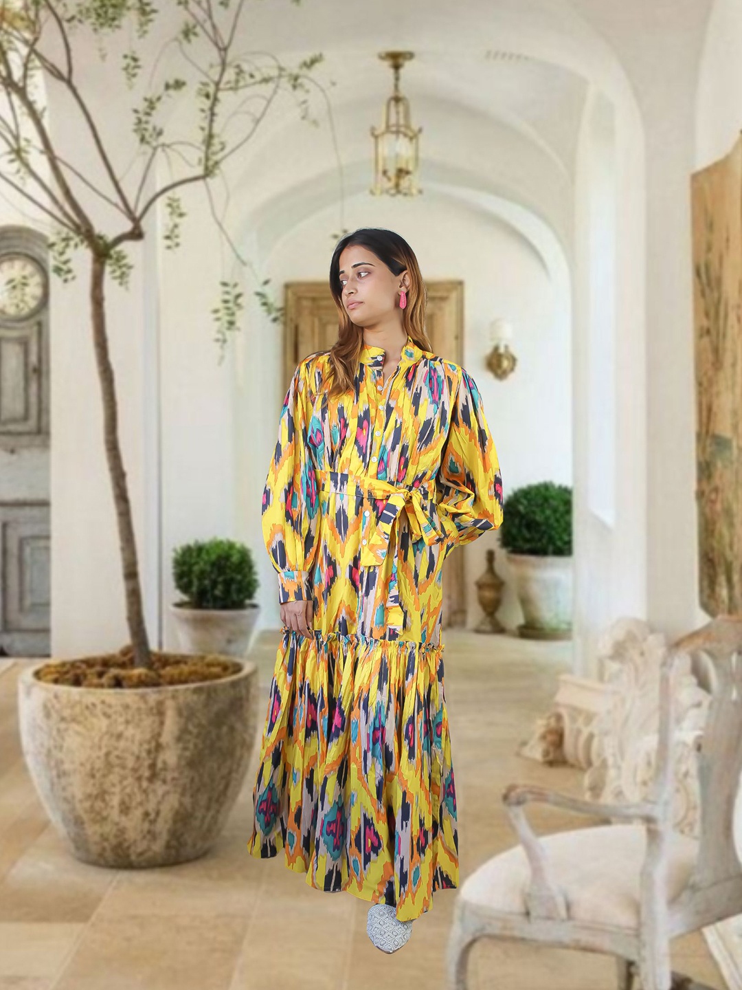 

Be Sunset Ibiza Abstract Printed Tie-Up Cotton Maxi Dress, Yellow