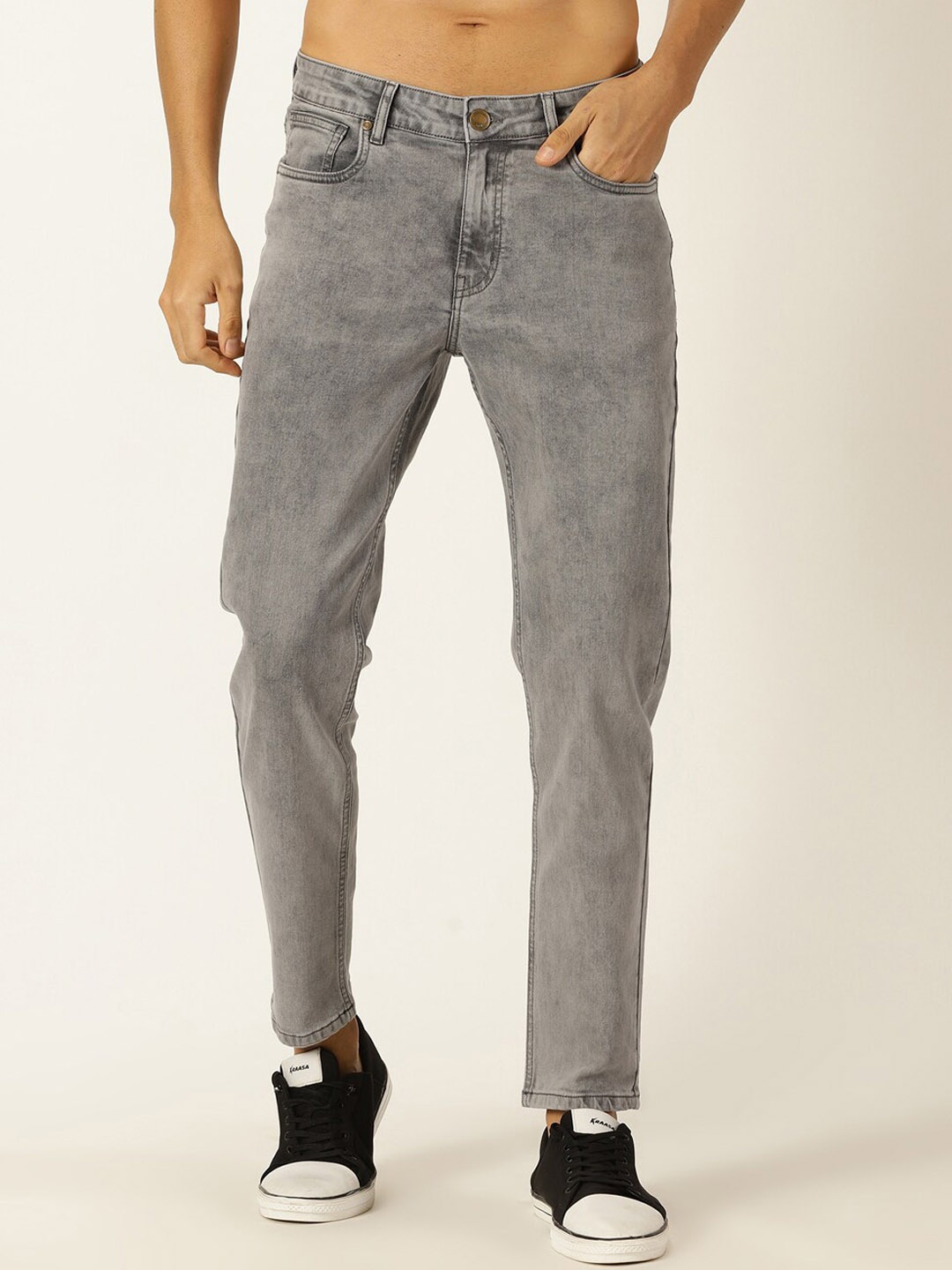 

Mast & Harbour Men Grey Smart Tapered Fit Clean Look Stretchable Jeans