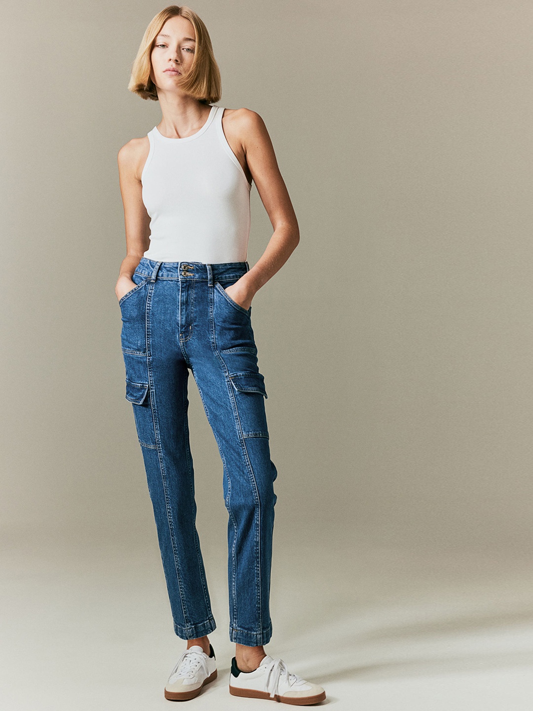 

H&M Women Denim Cargo Trousers, Blue