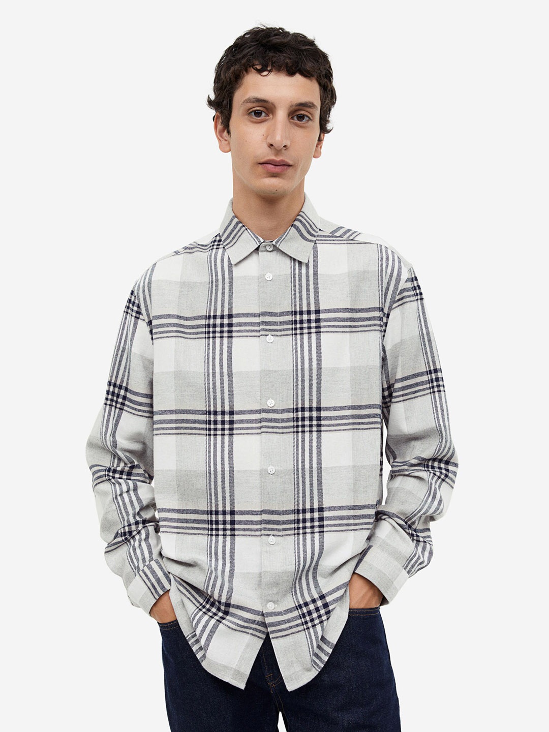 

H&M Pure Cotton Regular Fit Checked Shirt, Grey
