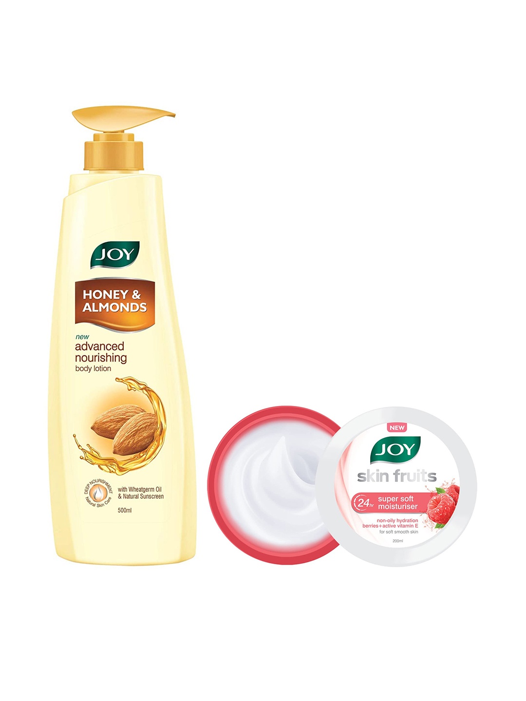 

JOY Honey & Almonds Body Lotion 500ml & Skin Fruits 24Hr Super Soft Moisturizer 200ml, Orange