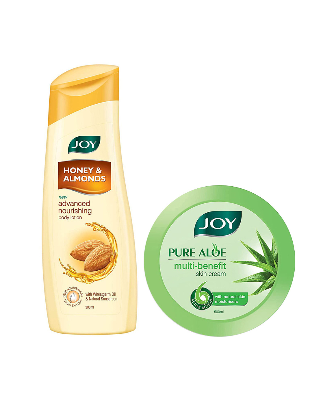 

JOY Pure Aloe Multi Benefit Cream 500 ml & Honey Almonds Body Lotion 300ml, Green