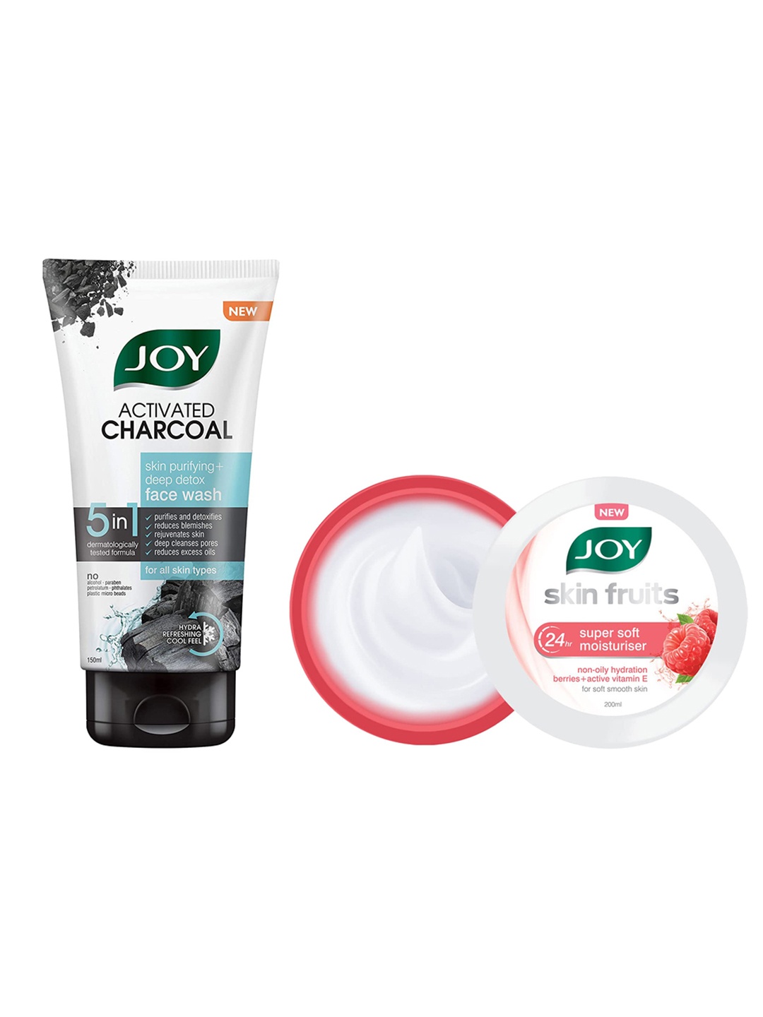 

JOY Activated Charcoal Face Wash 150ml & Skin Fruits 24Hr Super Soft Moisturizer 200ml, White