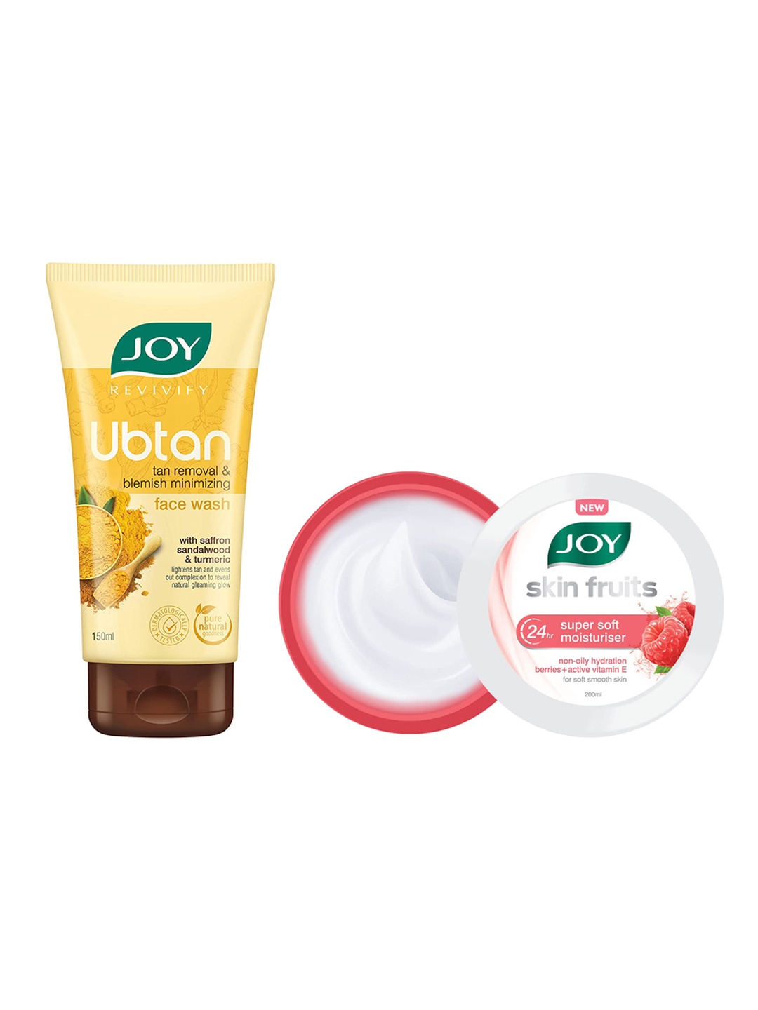 

JOY Revivify Ubtan Face Wash 150ml & Skin Fruits 24Hr Super Soft Moisturizer 200ml Combo, White