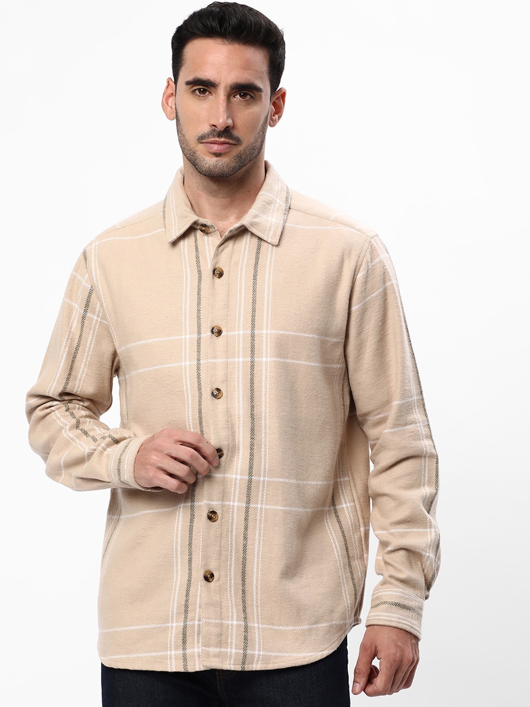 

R&B Checked Cotton Casual Shacket, Beige