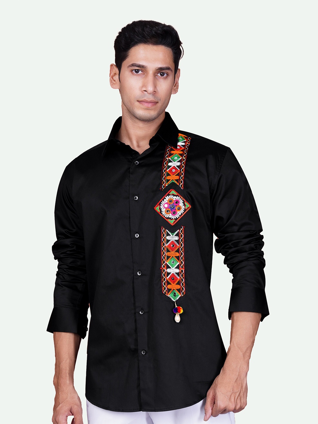 

FRENCH CROWN Standard Embroidered Cotton Casual Shirt, Black